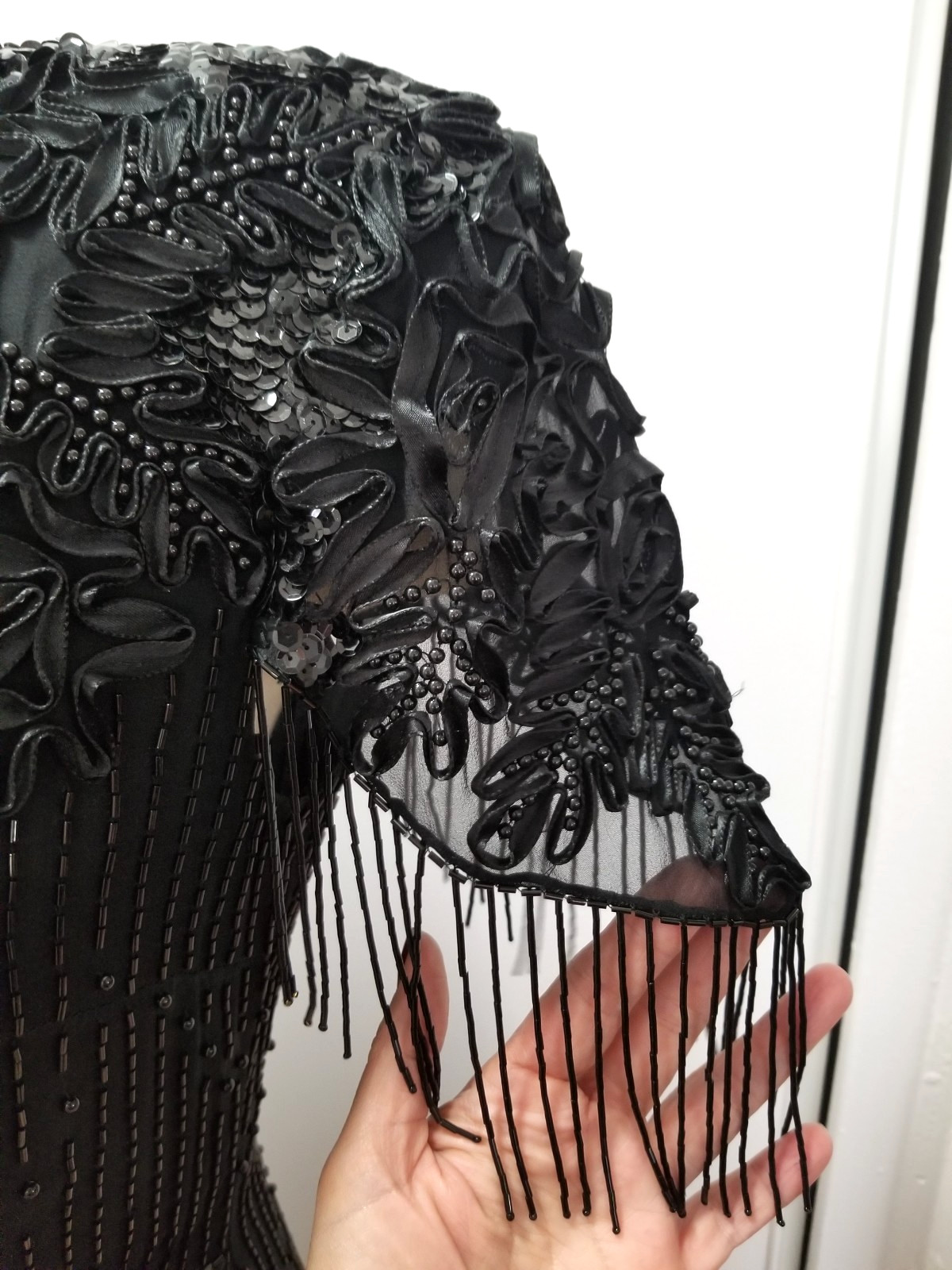 1970s Black Beaded Silk short sleeve cocktail gown