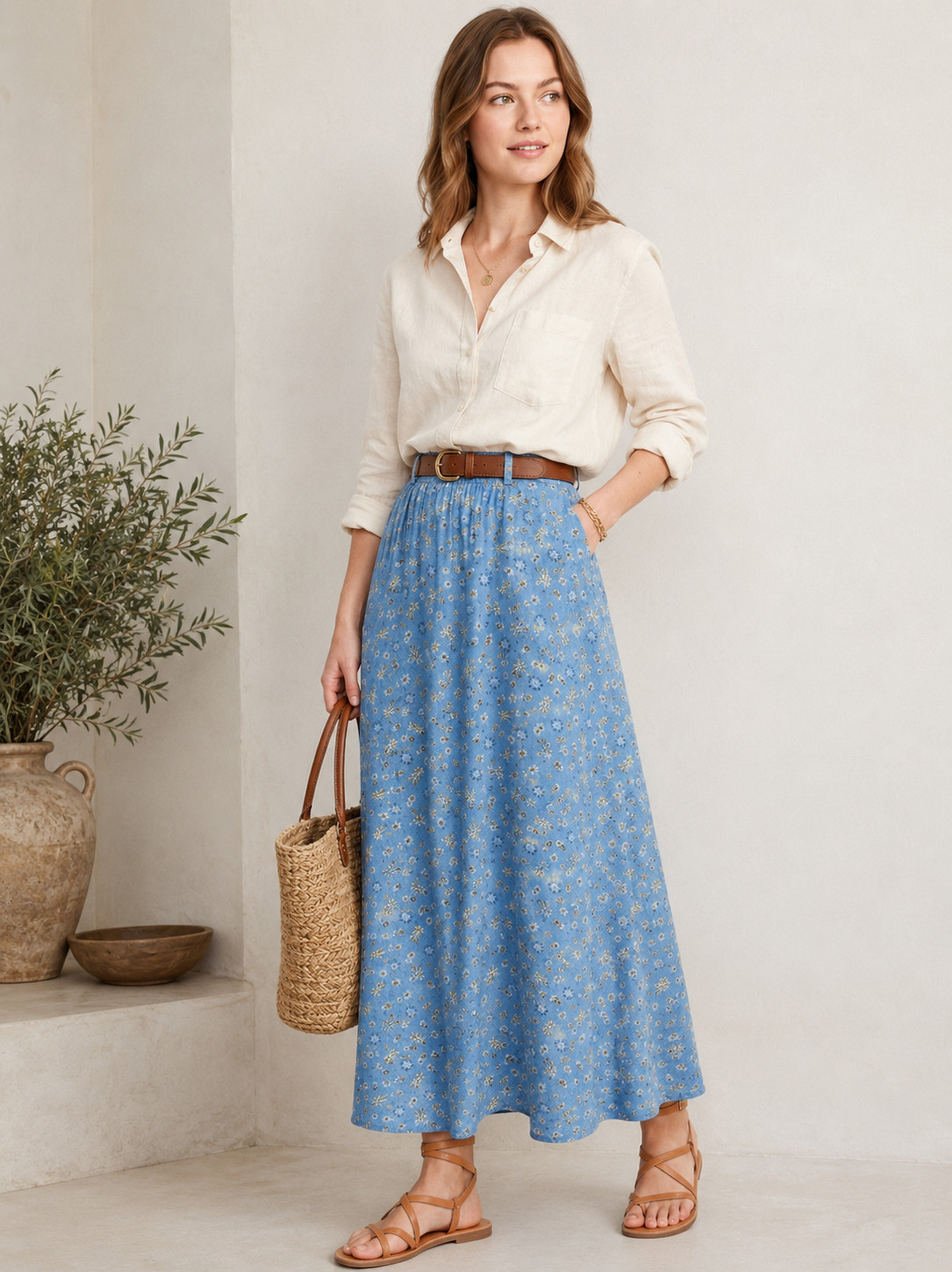 Vintage 90s Clio Petites Ditsy Floral Rayon Midi Skirt – Cornflower Blue PSmall
