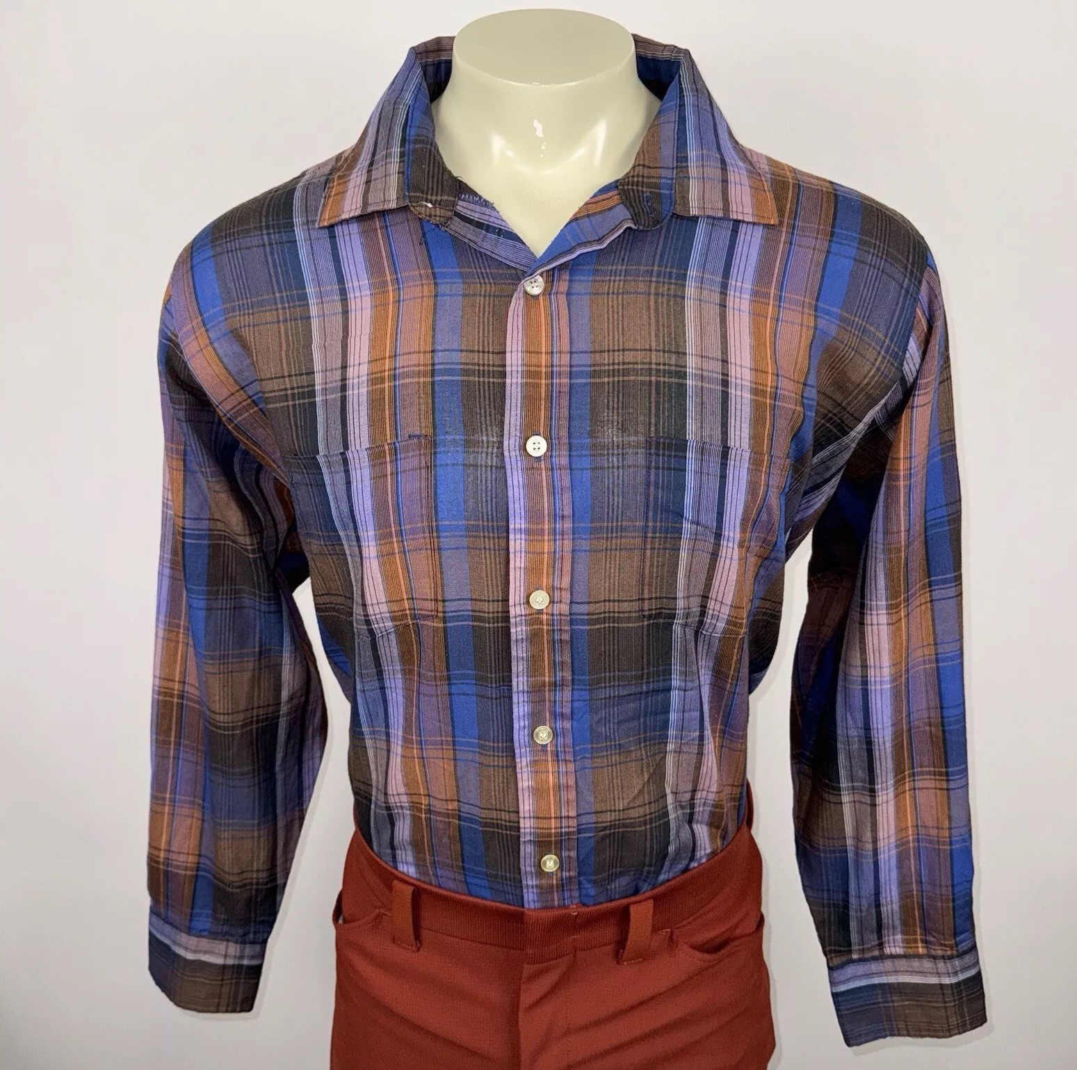 Vtg Sovereign Button Up Shirt Mens 2XL Square Bottom Plaid 60s 70s MCM Mod XXL