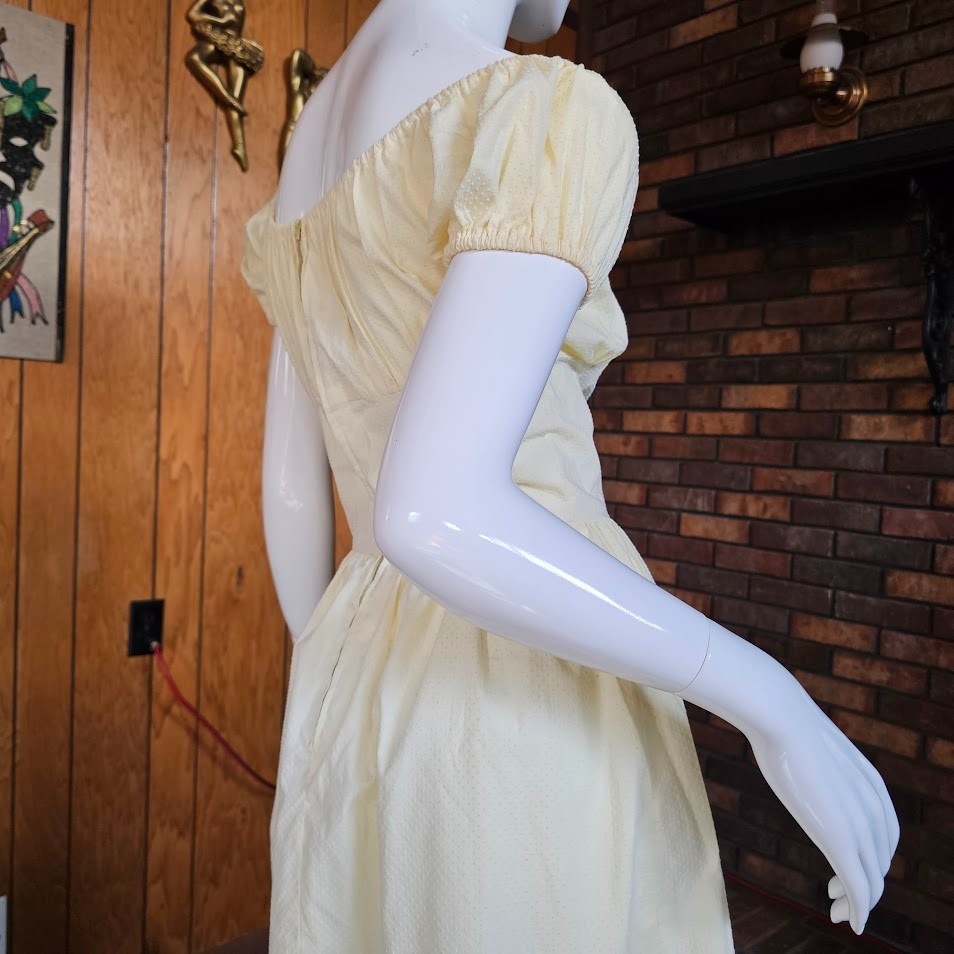 Vtg 1950s Milkmaid Lemon Swiss Dot Circle Skirt Off Shoulder Party Dress XS/S P