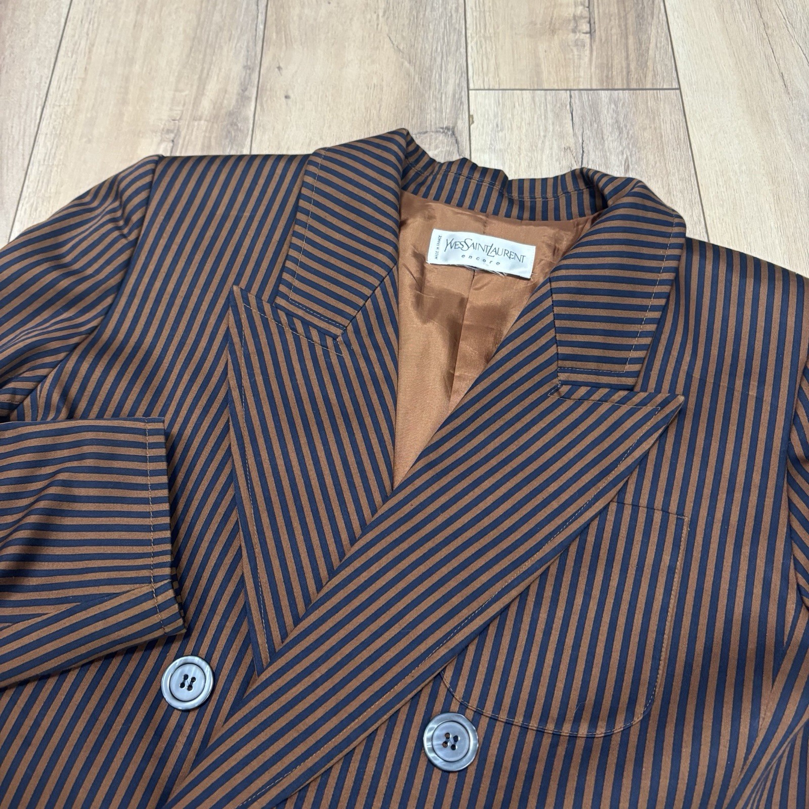 Vintage Yves Saint Laurent Encore Gold Black Cotton Blazer 22.5 in Chest France