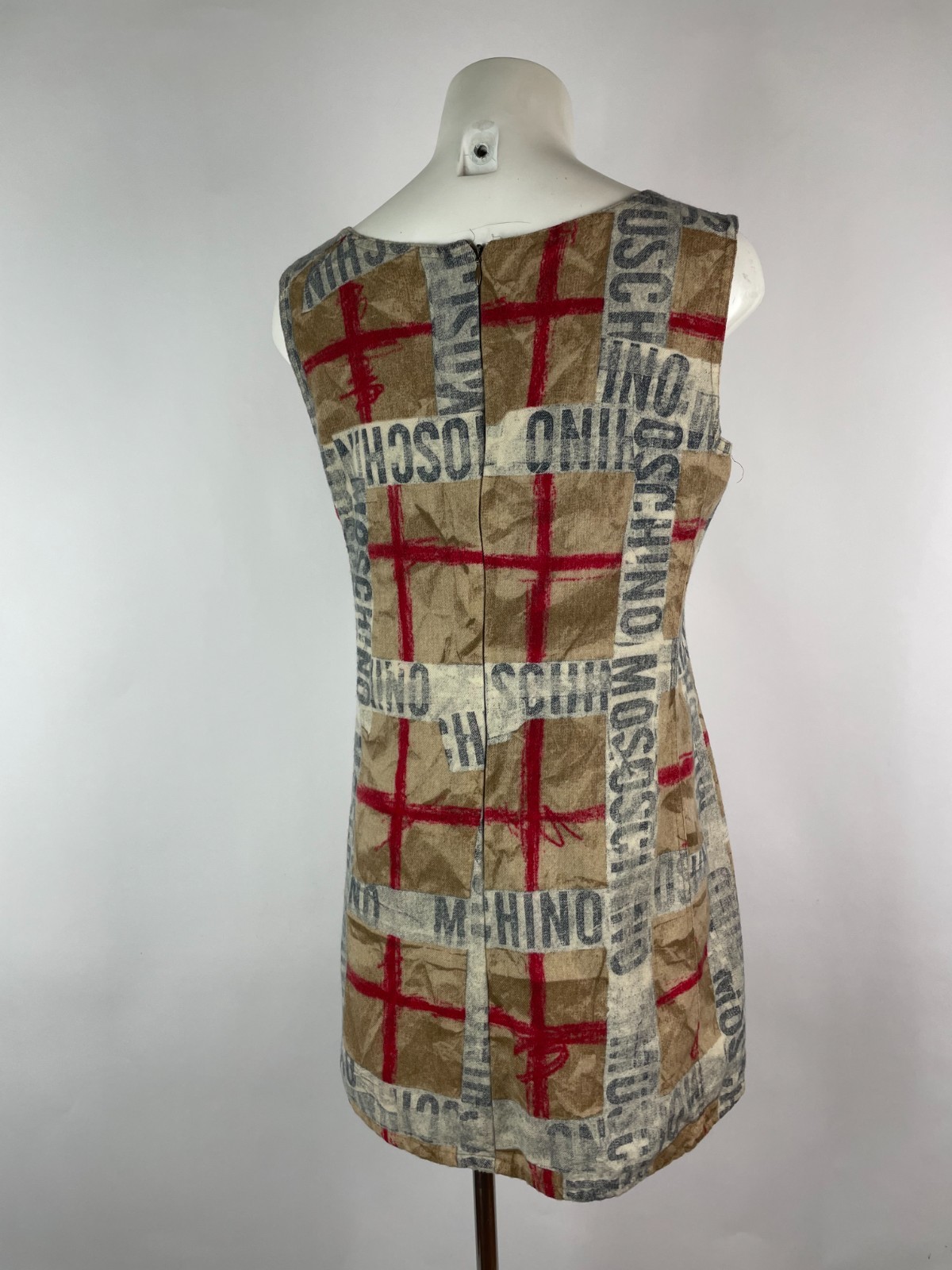 Vintage 90s MOSCHINO Plaid logo lettering mini dress wool 44 Italy DAMAGE