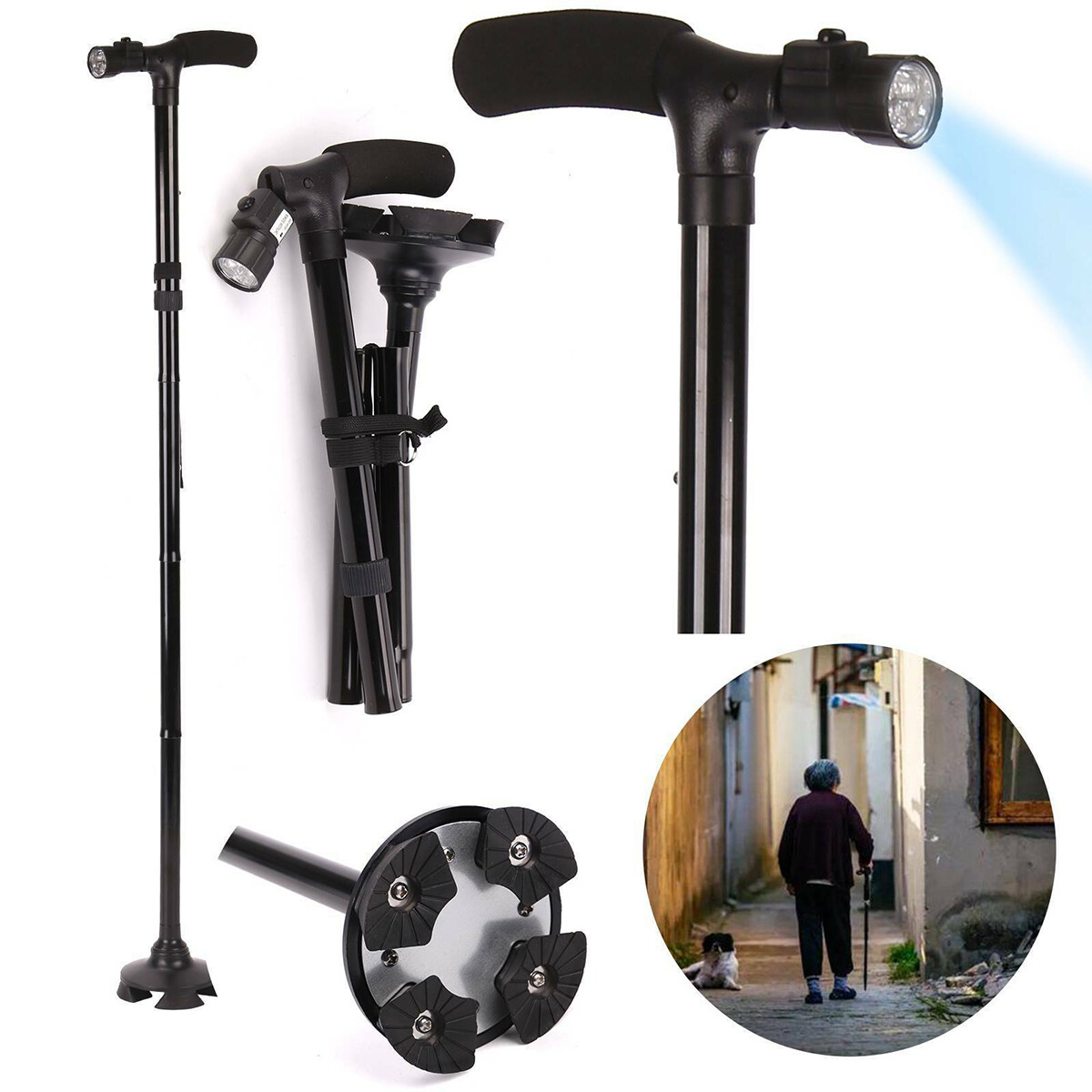 LED Folding Walking Cane for Seniors Men&Women with Non-Slip T Handle and Strap