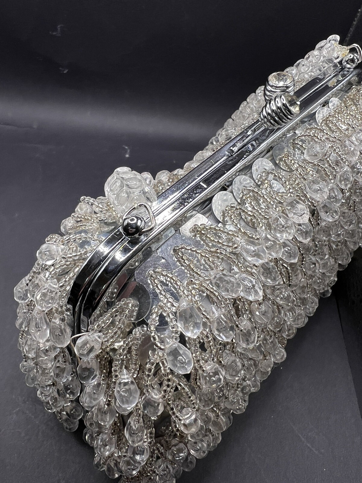 Vtg Beaded HandBag Silver & Clear Evening Purse Hong Kong Prom Wedding 60s 70s