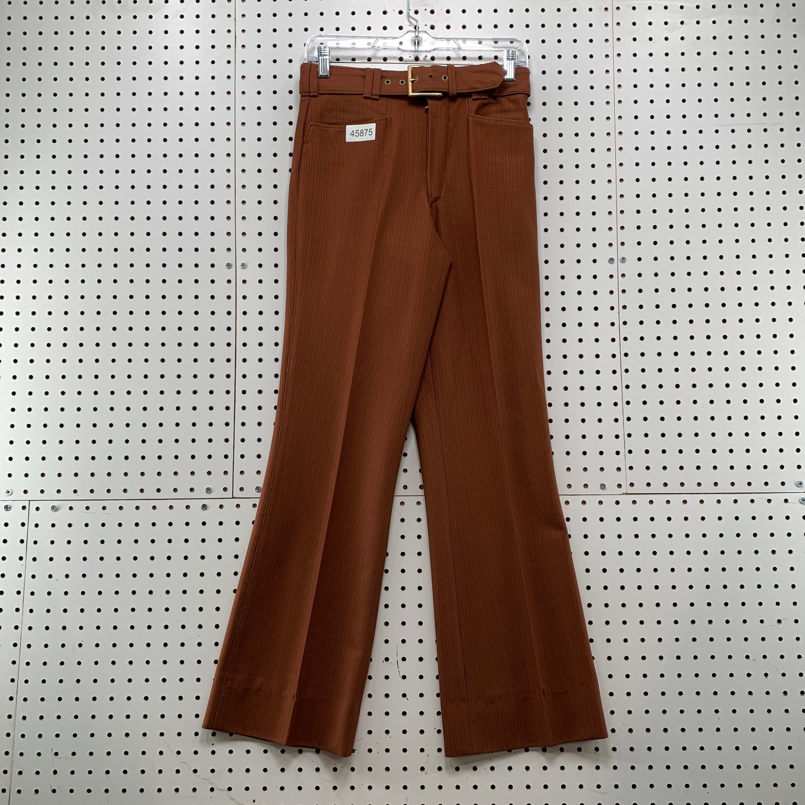 Vintage 70s Mens Mod Disco Pants 28×31 Brown Belted Flare Trousers Falcon Zip