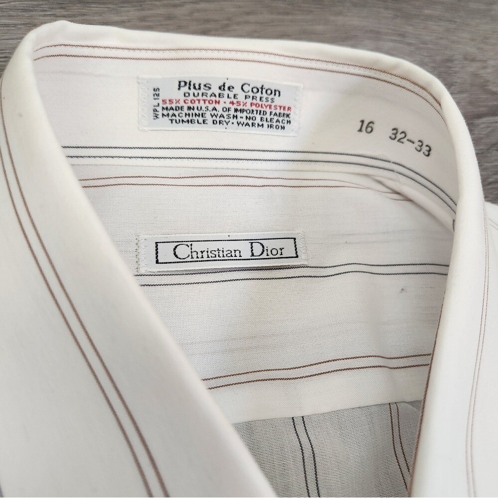 Vintage Christian Dior Plus Dress Shirt White Striped Mens Size 16 (L) Deadstock