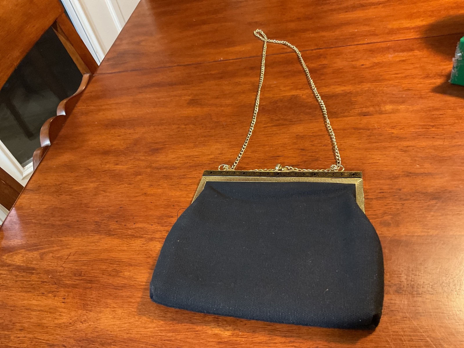 Floral Tapestry Frame Evening Bag Black Multi-Color Metal Chain Handle Clasp