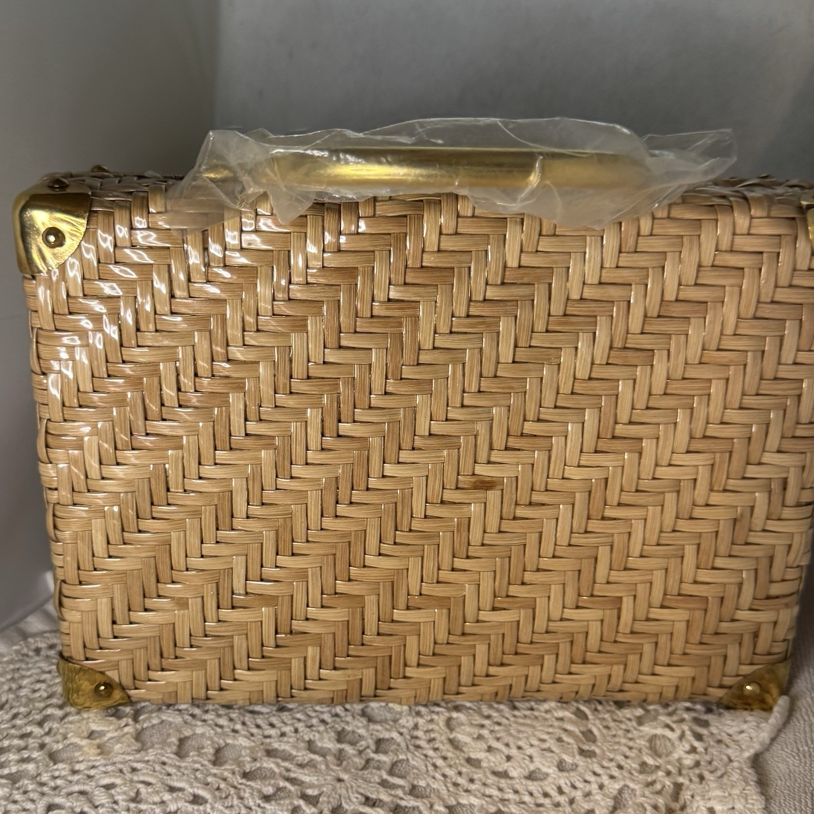 Vintage Marcus Brothers Wicker Box Purse Tan With Gold Tone Handles & Trim New