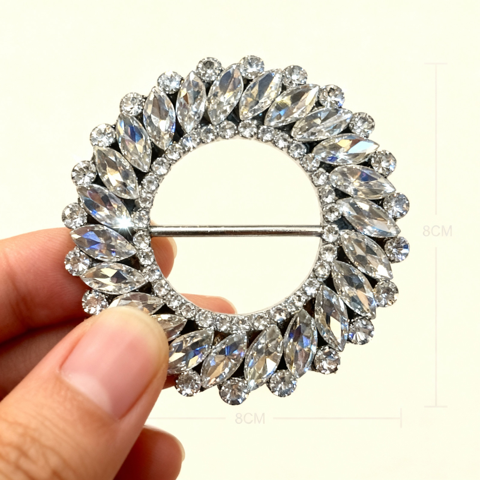 Rhinestone Scarf Buckle Crystal Ring Belt Clip Silver Tone 8cm Decorative