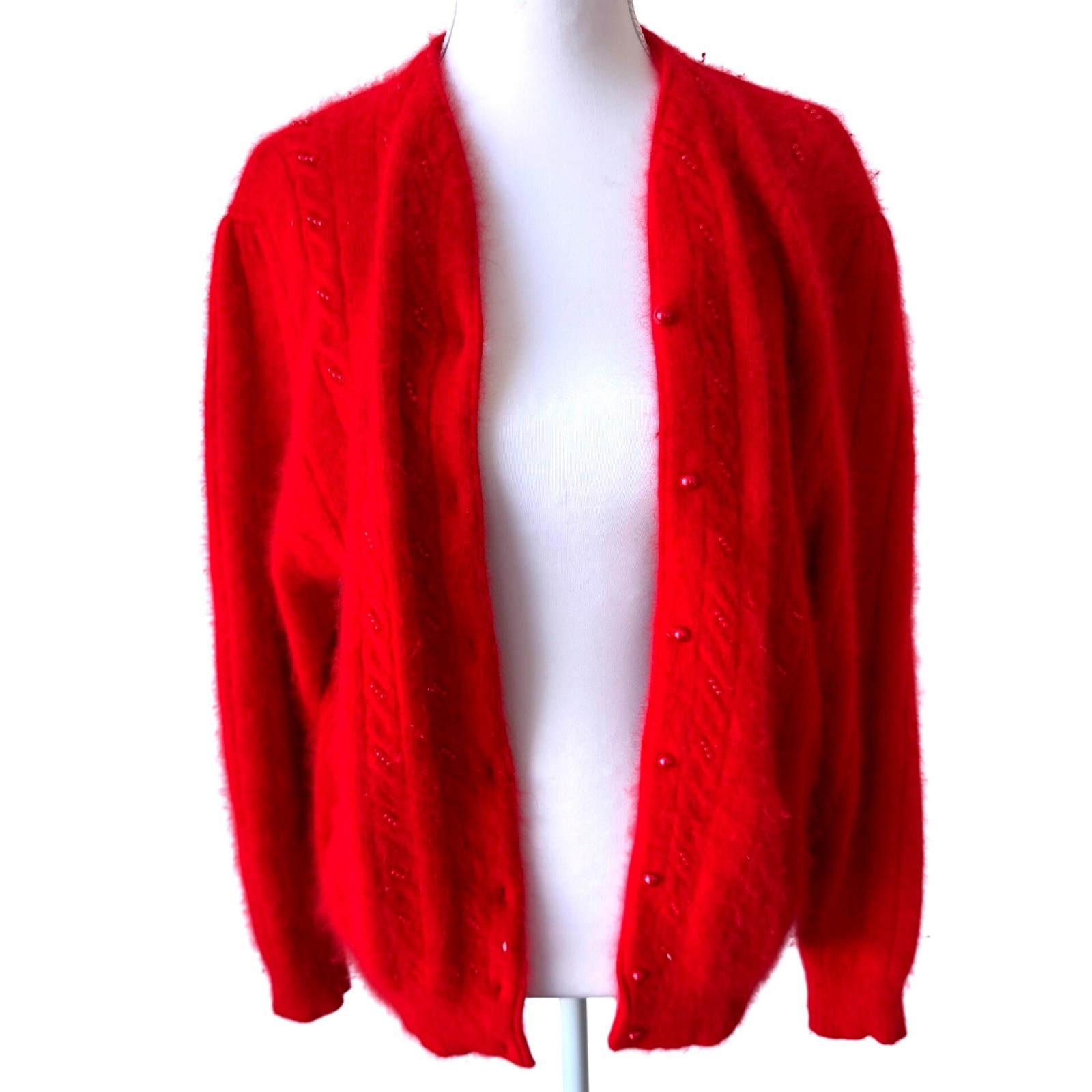 Vintage Red Angora Lambswool Blend Beaded Cardigan Sweater Fuzzy Coquette Large