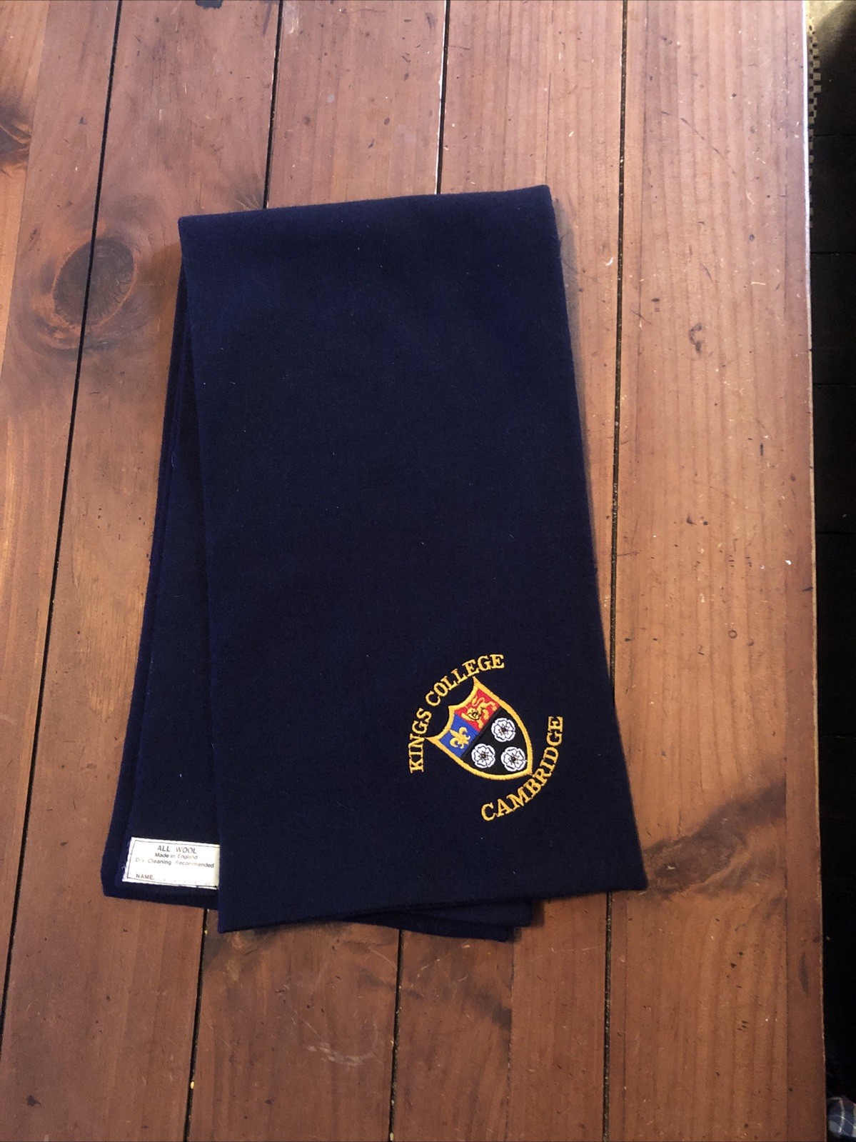 Vtg All Wool KING’S COLLEGE CAMBRIDGE UNIVERSITY SCARF Navy Blue Pristine 71 X 9