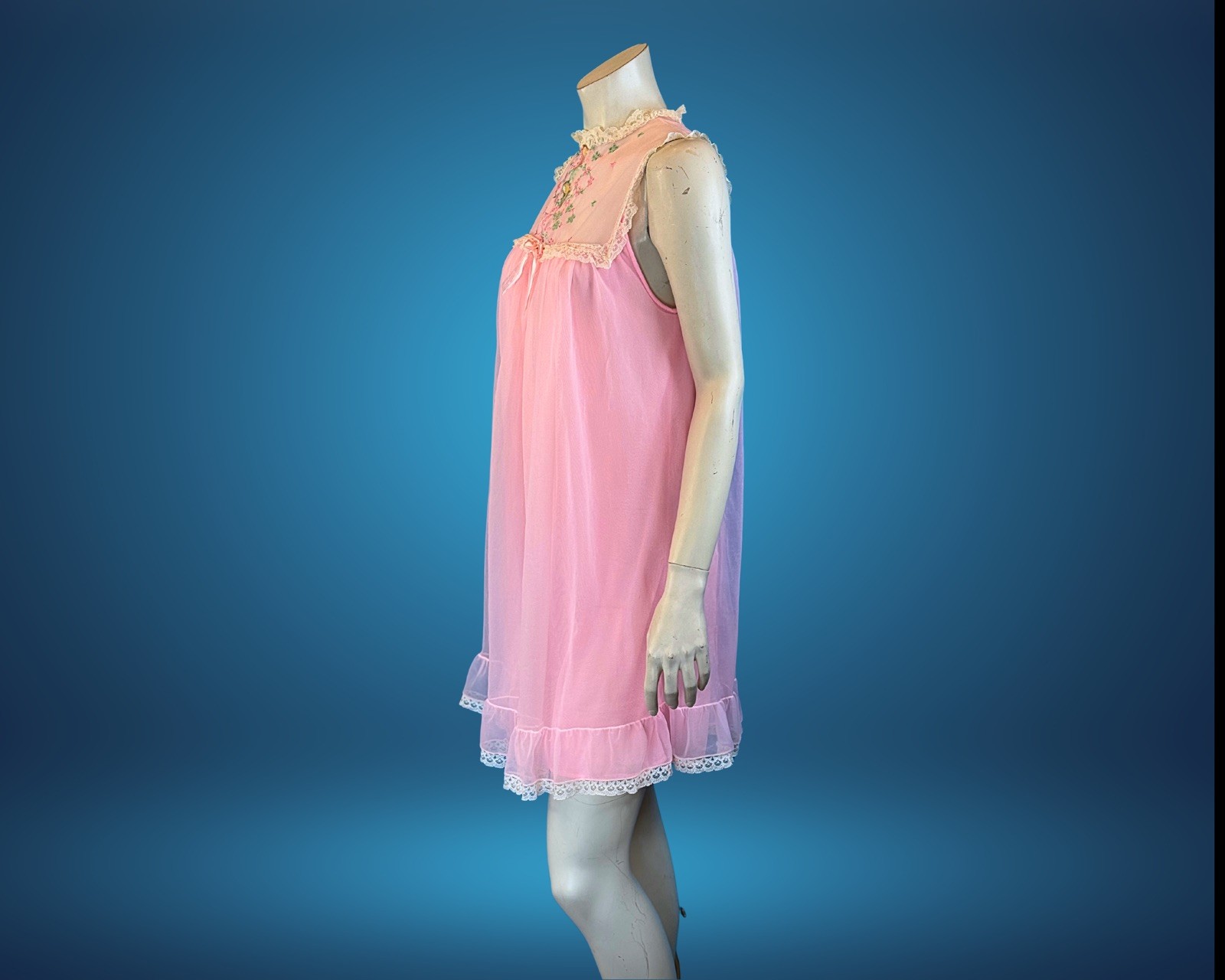 1960s Pink Sheer Nylon Babydoll Embroidered Lace Nightgown | S