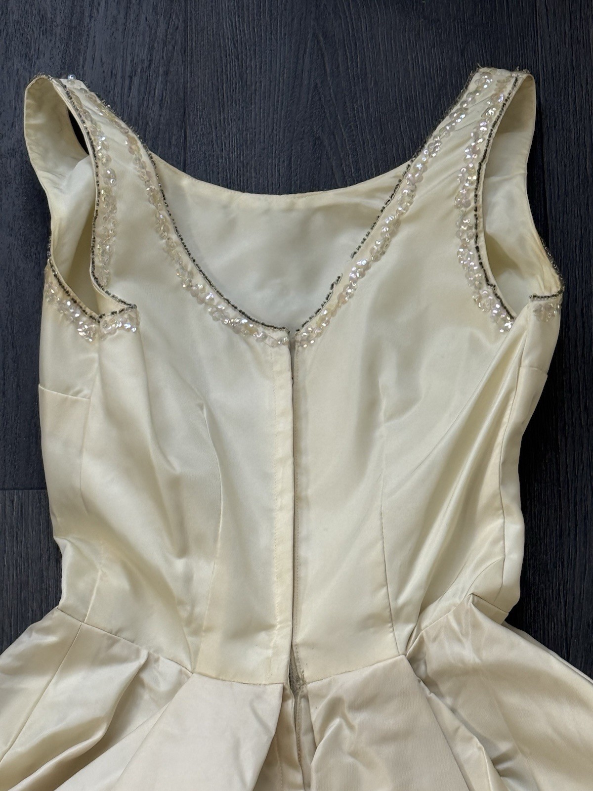Vintage 1950s Bone Color Fit & Flair Beaded Dress X-SMALL