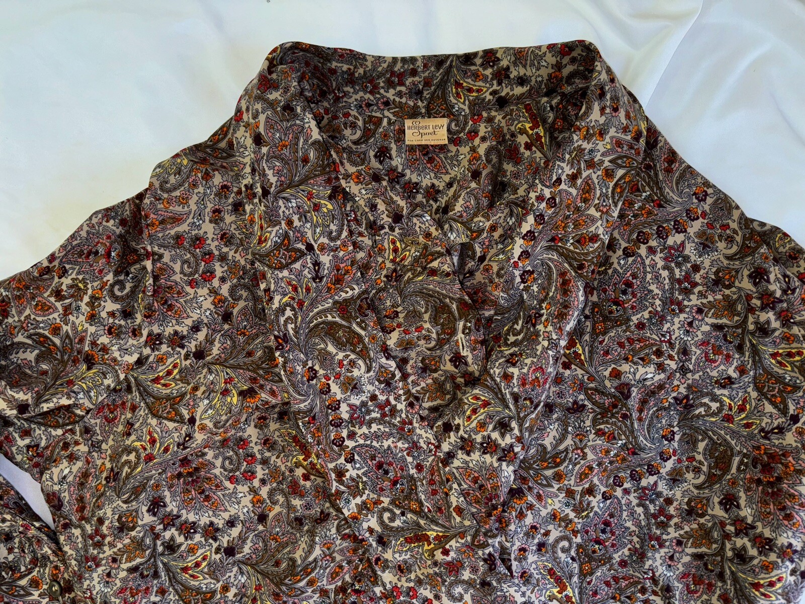 60s/70s Herbert Levy Sport Blouse Wrap Collar Floral Red Brown Button Pullover
