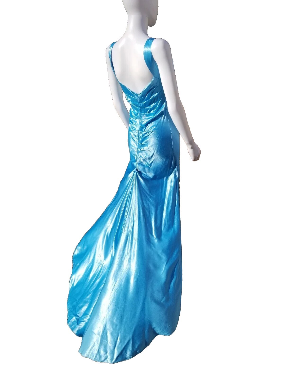 Vtg 90s Zum Zum Niki Livas Blue Satin Bias Cocktail Gown Ruched Back prom dress
