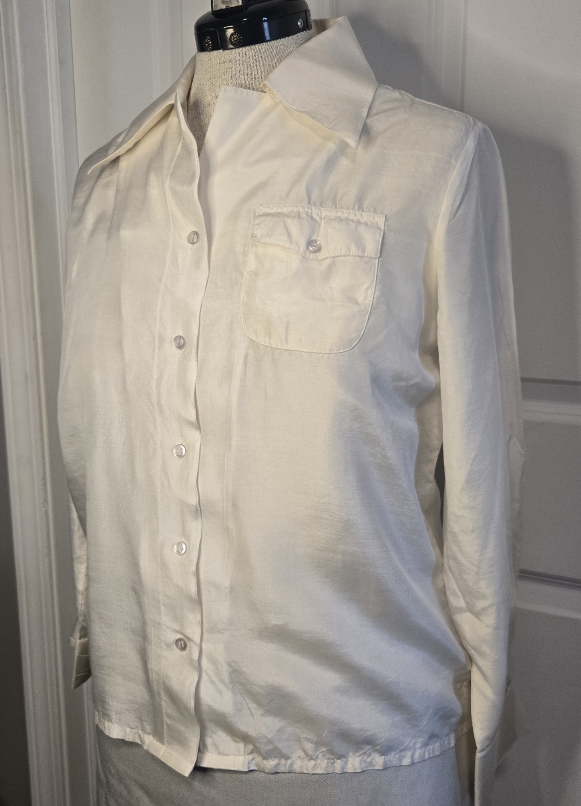 Vintage 100% Silk Blouse Sz 16 White Button Up W/ Pocket Made In The Philippines