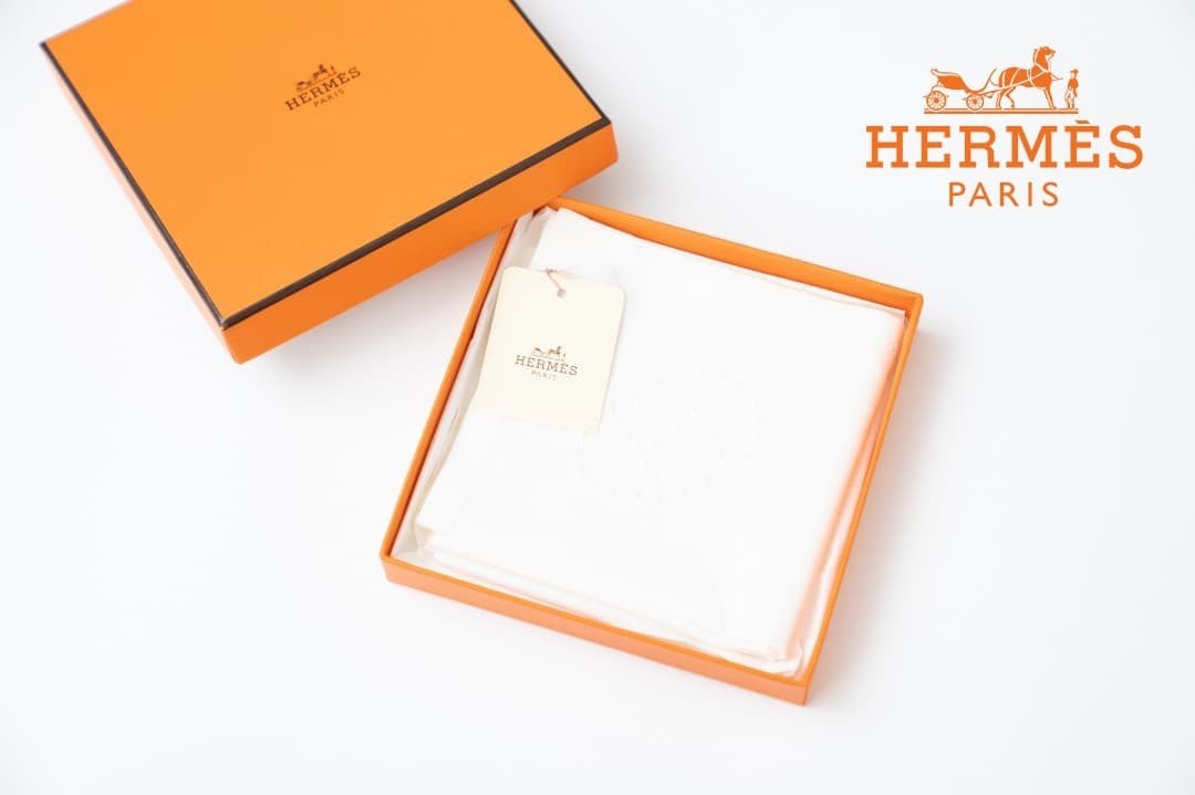 Hermès Handkerchief — White Cotton with H Logo — 45 × 45 cm — New with Box & Tag