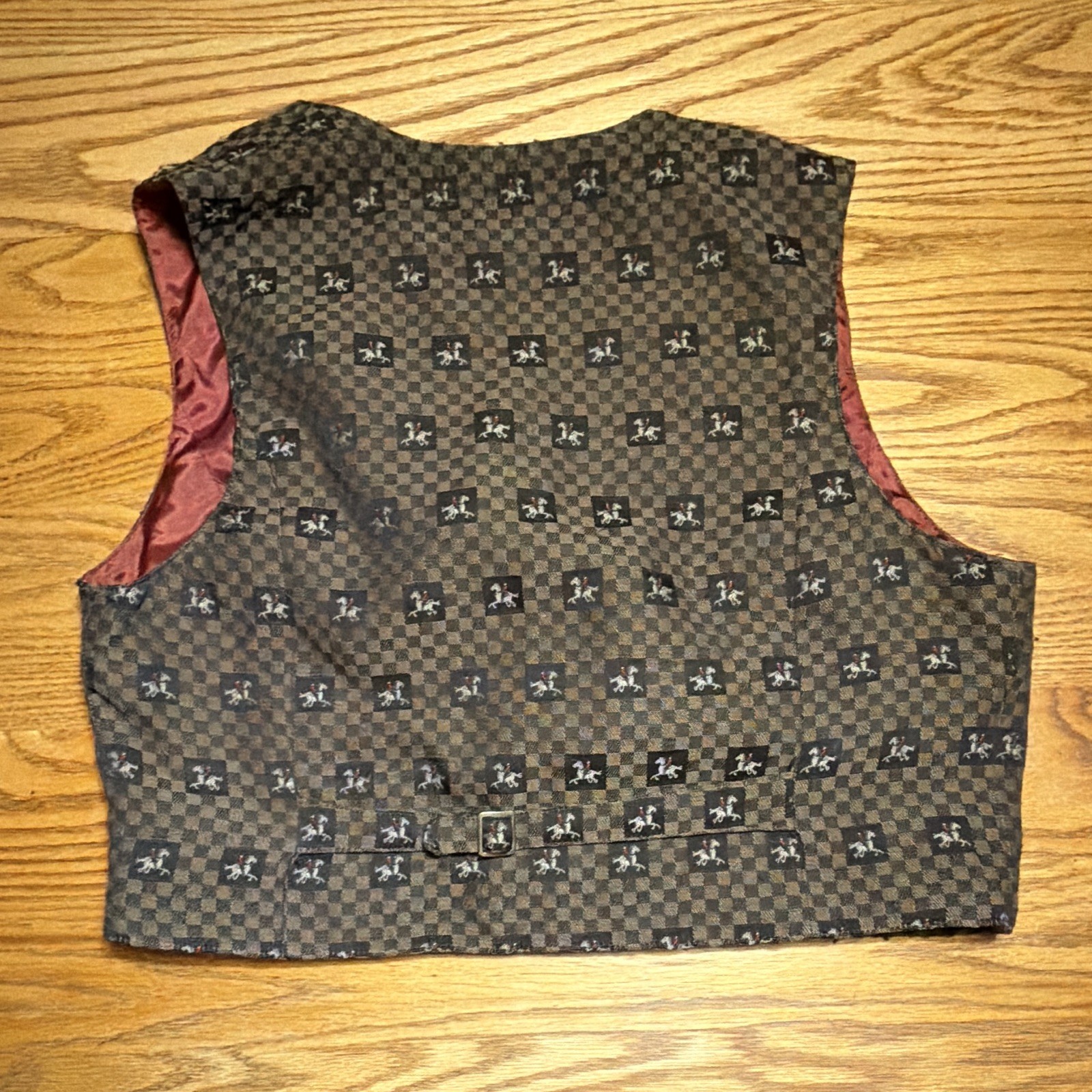 Lizsport Petite Size 14 Brown & Black Checkered Vest Red Lined Polyester/Cotton