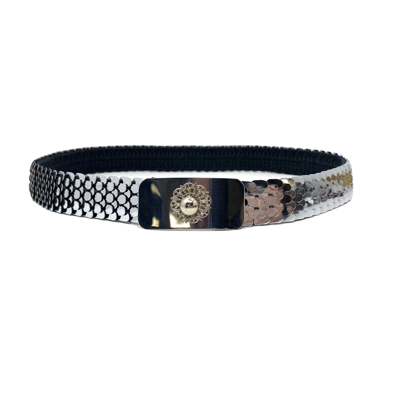Vtg Stretch Cinch Waist Belt Mermaid Scales DARK SILVER GRAY METALLIC