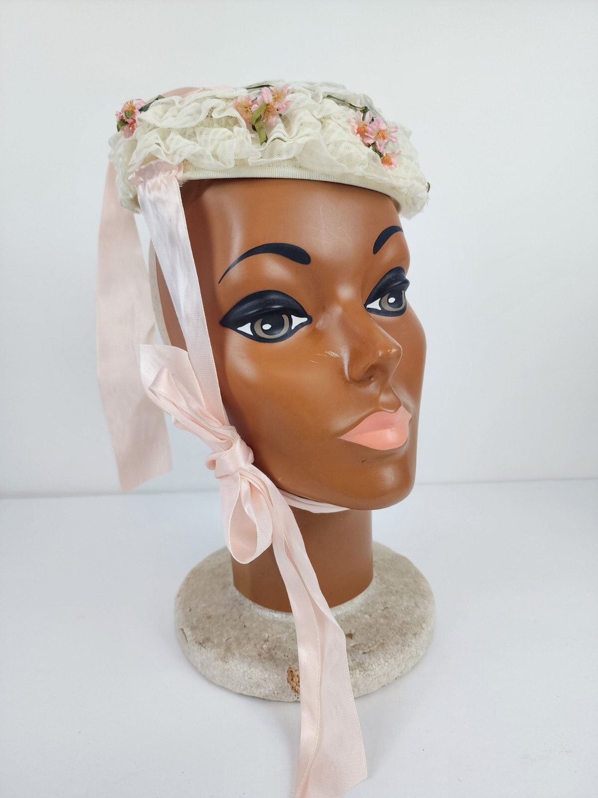 Antique Vintage Pillbox Hat White And Pink Floral With Lace With Ribbon