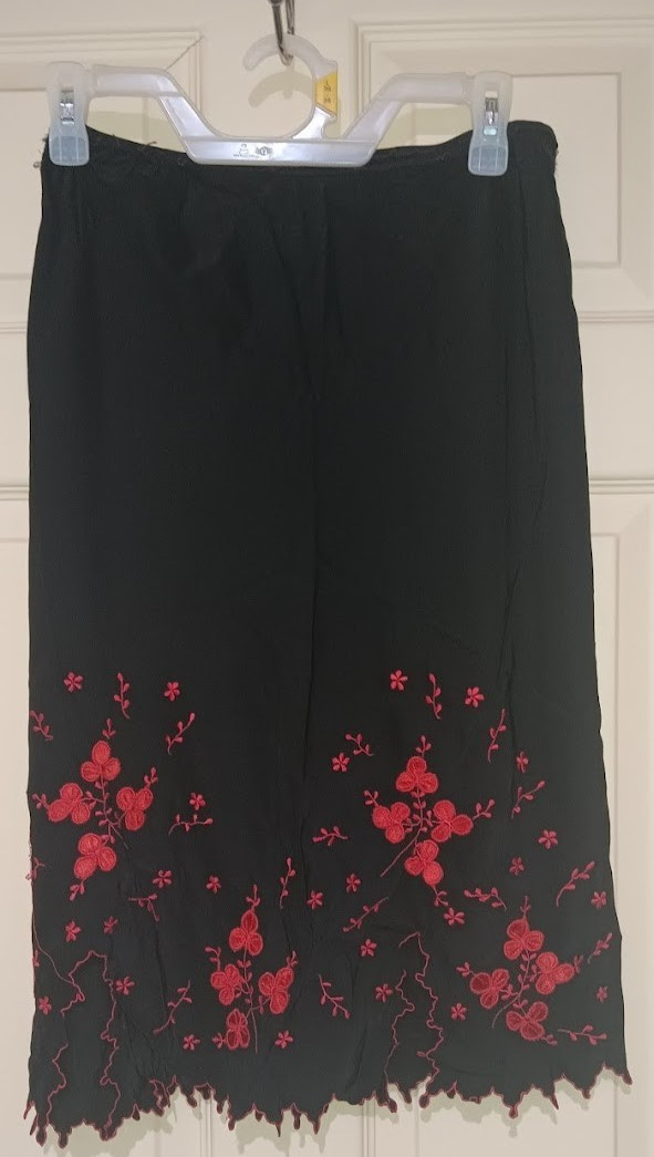 Unique Vintage Black Skirt Slip with Red Embroidered Flowers & “Drip Edge” Hem