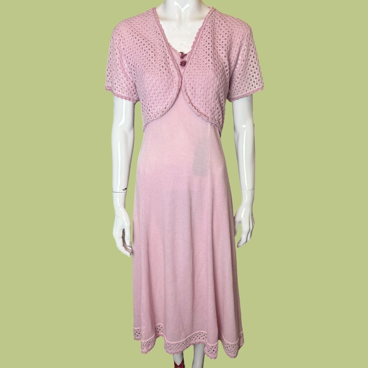 Vintage 70s 80s 90s Pink Rosette Crochet Knit Corset Dress