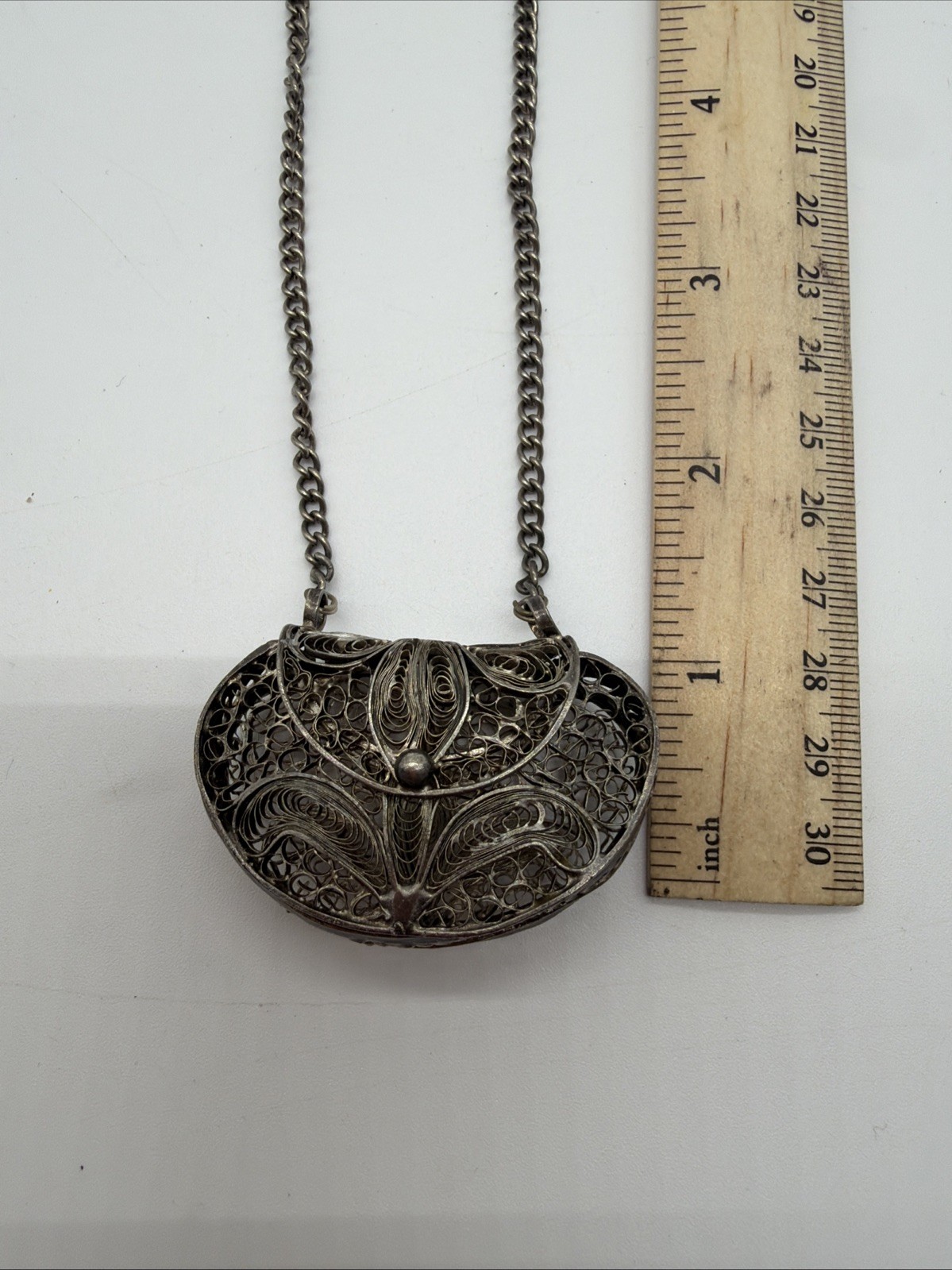 Vintage Aged Silvertone Filagree Mini Purse On Chain Tiny Pill Box Trinket A13