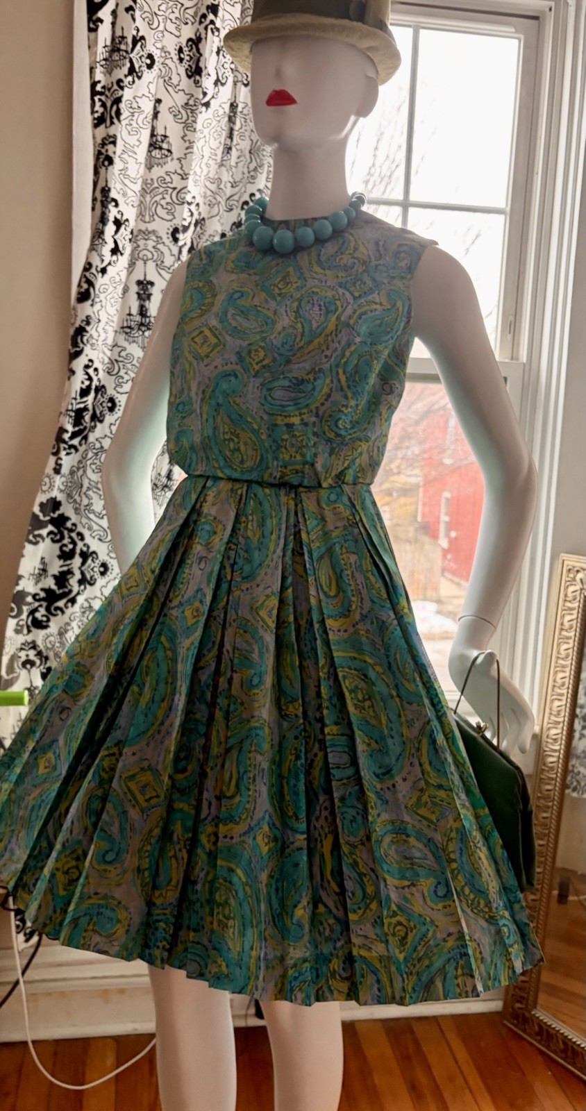 Vtg 50s 60s Bold Print Garden Party Dress Fit & Flair S 36/24 USA Union VLV 🔥