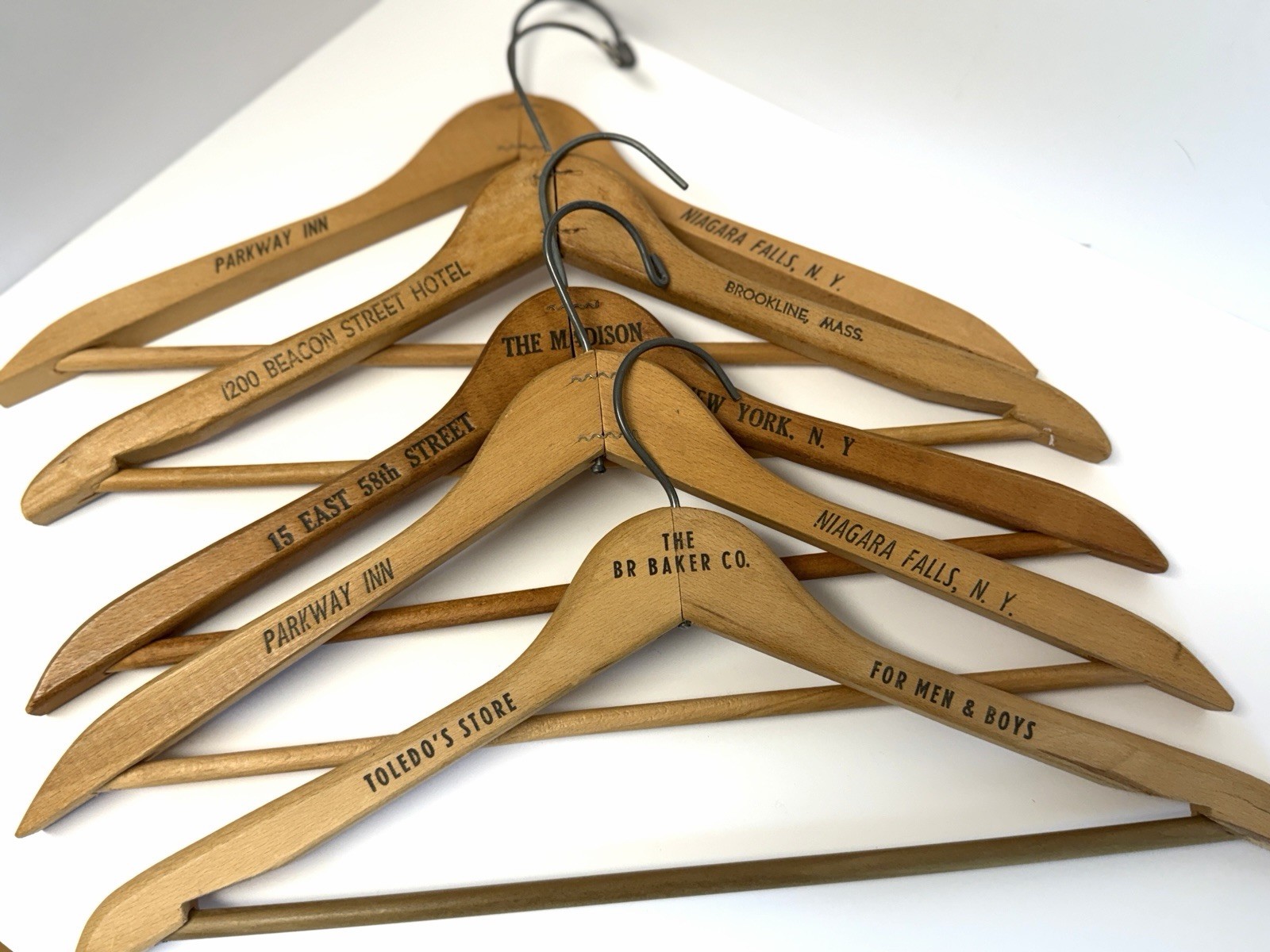 Vintage Wooden Clothes Hangers Motels NY OH MA Advertising Set Of 5