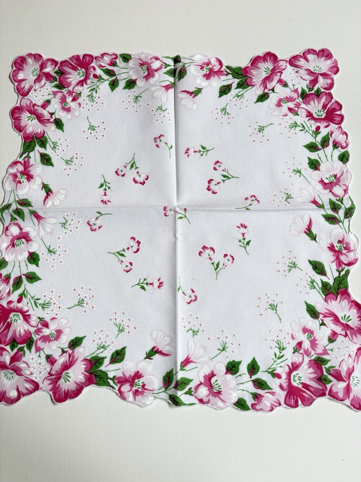 Beautiful New LuRay Pink Azalea Handkerchief Hankie With Scalloped Border