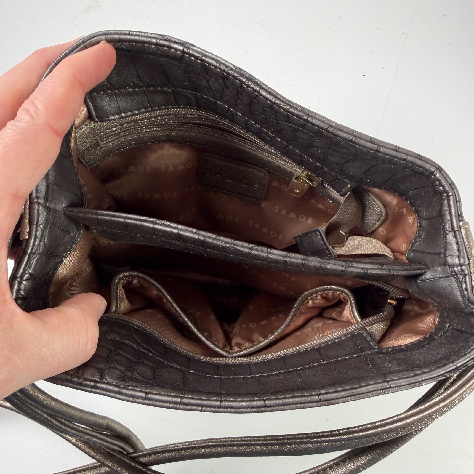 SAMOE Vintage Crocodile Embossed Crossbody Bag Dark Gray Bronze Metallic