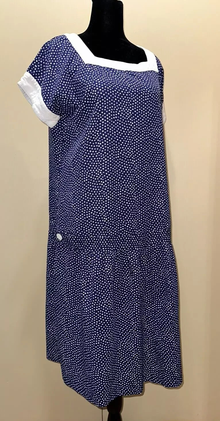Vintage 1960s Mothers Work Maternity Dress Blue Polka Dot Drop Waist s114