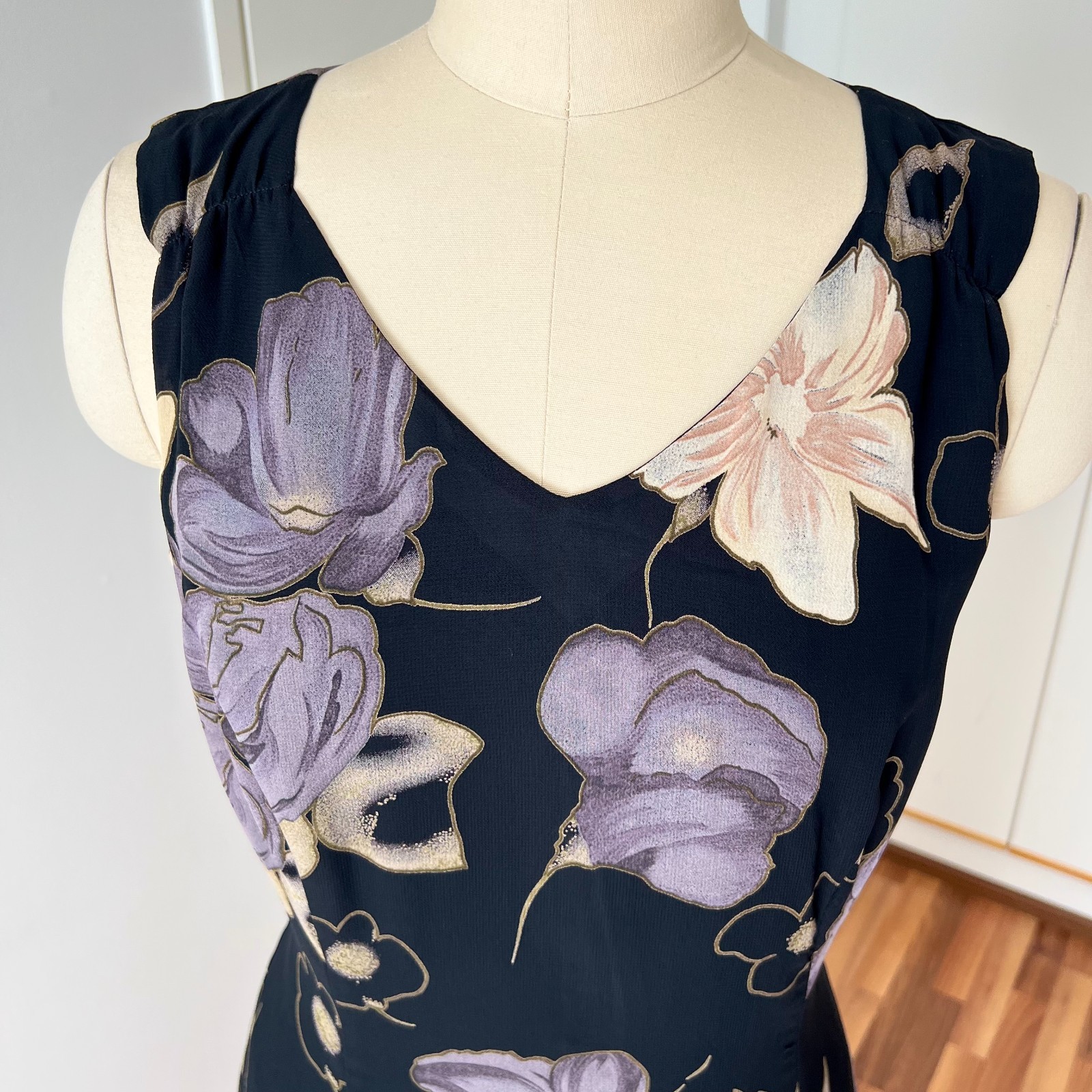 90s Floral Viscose Maxi Dress Summer V Neck Sleeveless Fairy Whimsygoth Aline 38