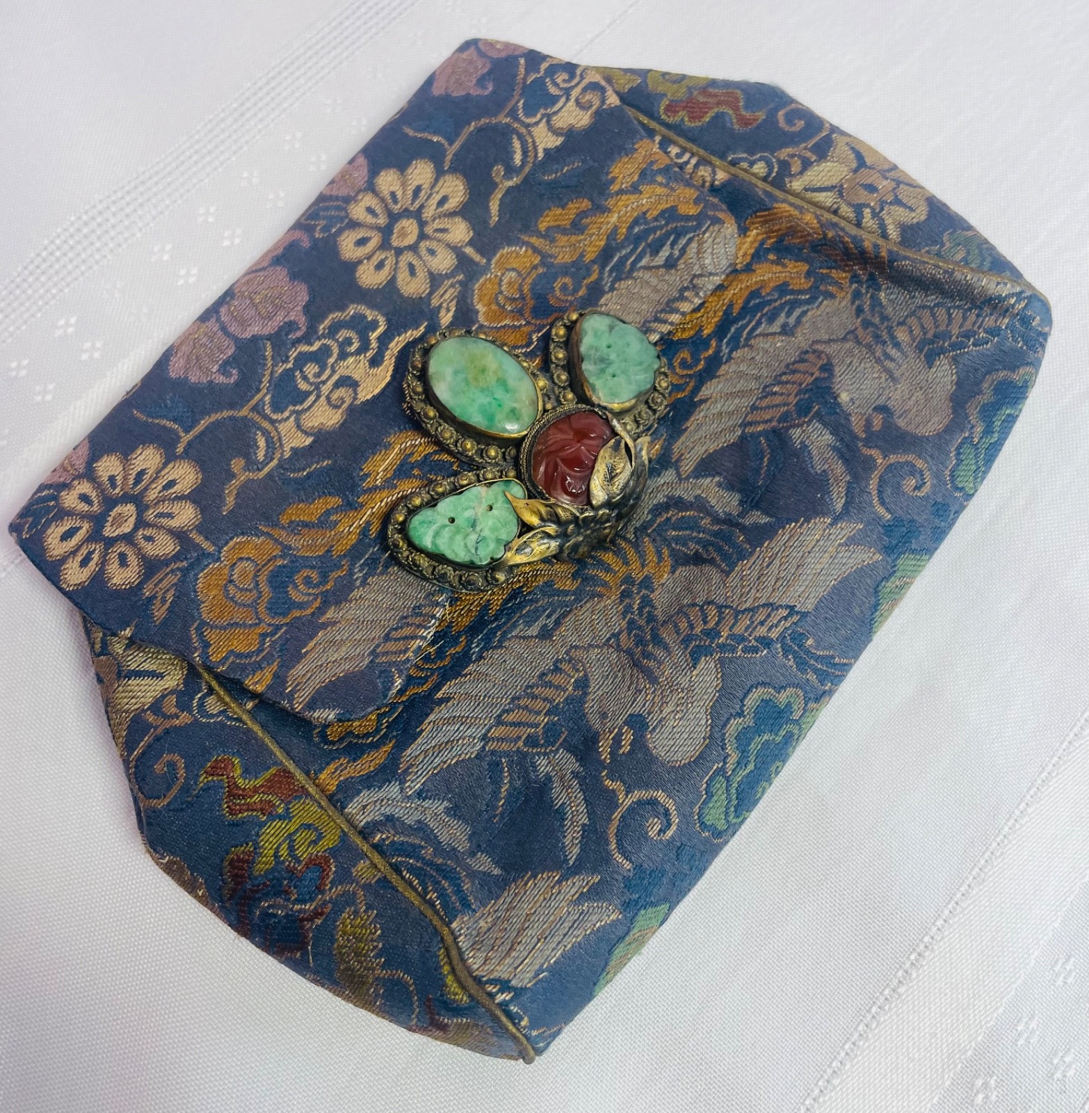 Antique 1920s Chinese Silk Brocade Clutch Art Deco Jade Jadeite Carnelian Purse