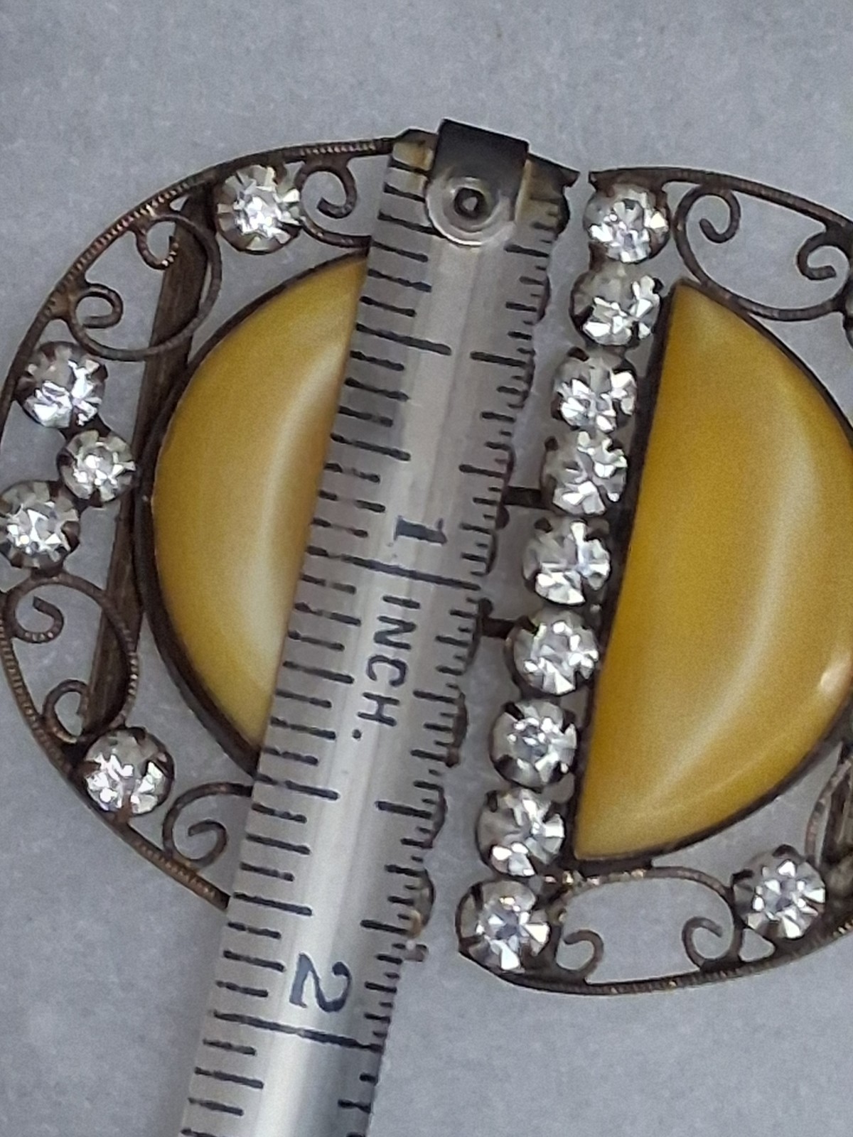 Antique Czechoslovakia belt buckle, yellow bohemian glass & crystals, filigree
