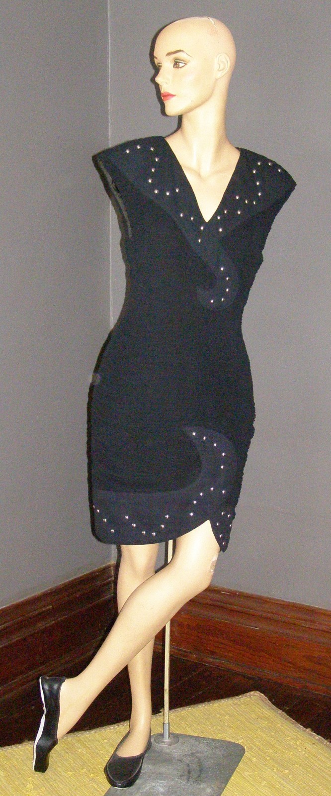 Vintage 80’s black ruched & abstract STUDDED tailored dress M L TEENA VARIGOS