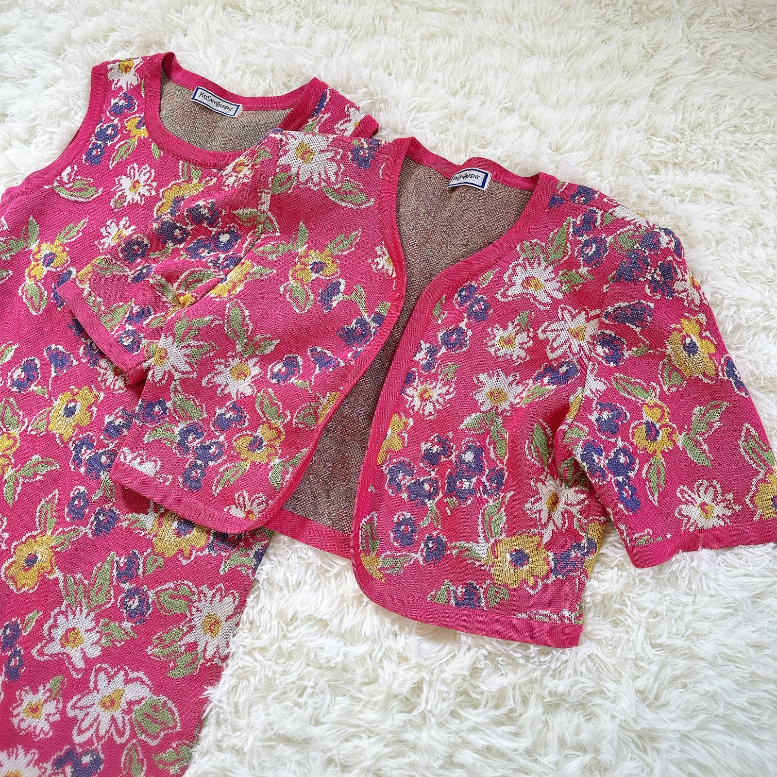 Vintage Yves Saint Laurent Paris Floral Knit Dress Cardigan Set Pink M