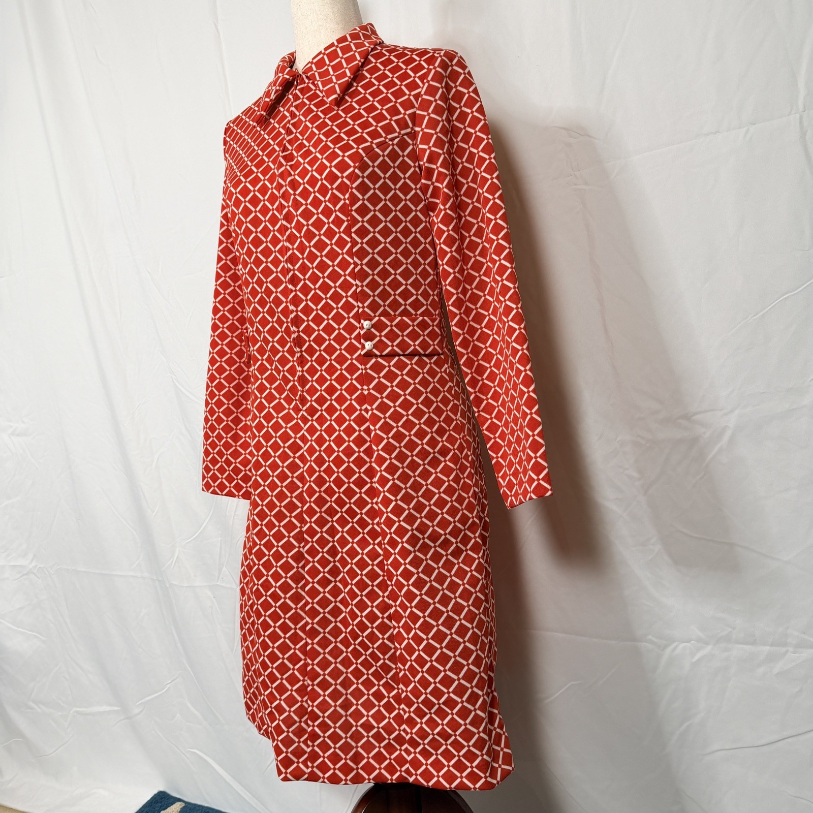 Rare Vintage Red Geometric Long-Sleeve Dress 70s Retro Mod