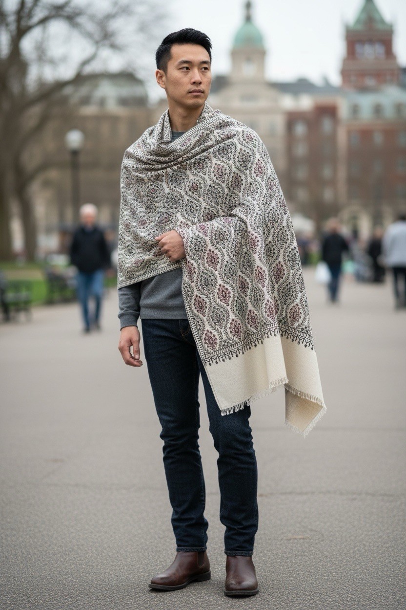 Kashmiri Shawl Handmade Haji Mustaffa & Sons Al-Warda, India Pure Wool 78” x 39”