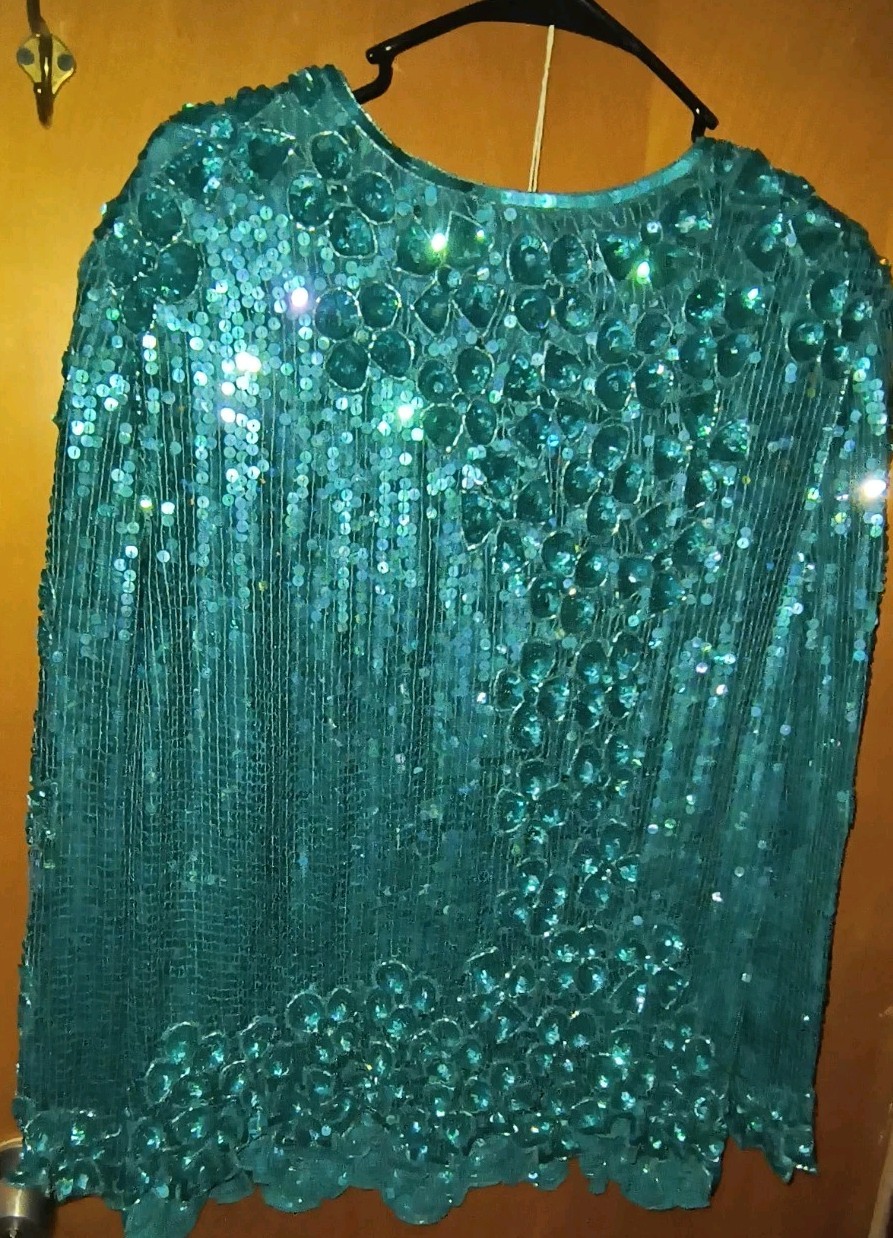 Vintage 80s Scala Sequined Evening Blouse-Mermaid Teal-