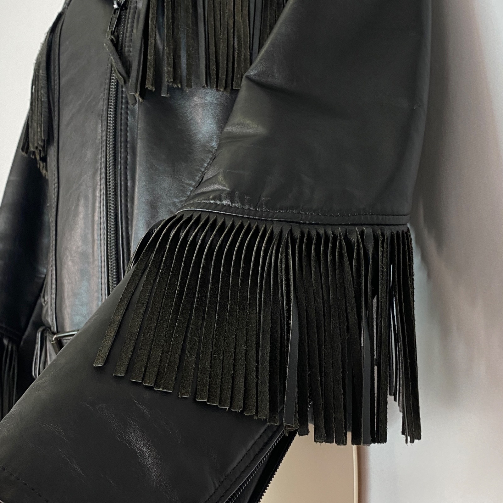 Vintage black leather fringe jacket women’s S M moto rocker biker TAURUS