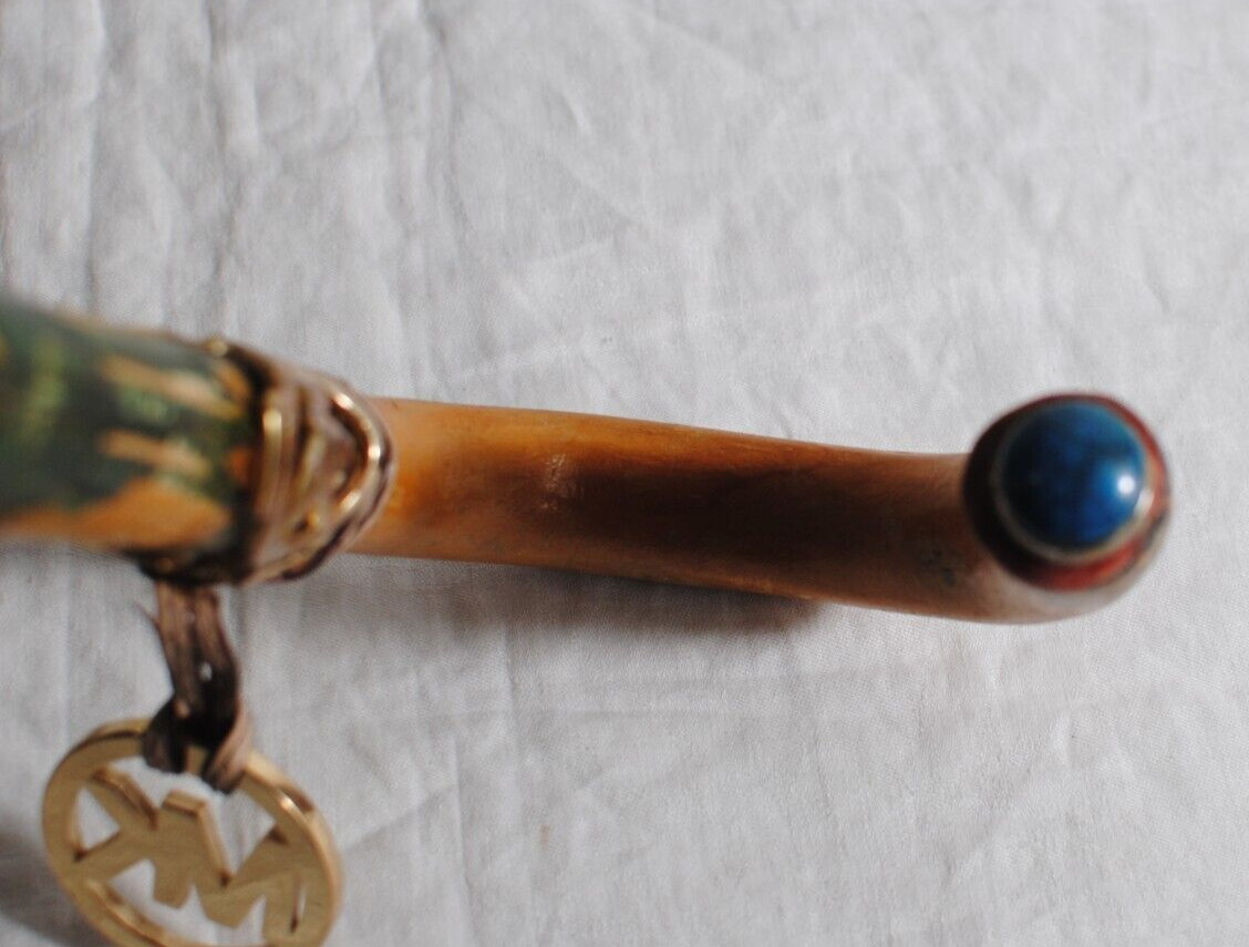 Vintage 37 in Hand Carved Wood Hook Handle Colorful with Michael Kors Charm Cane
