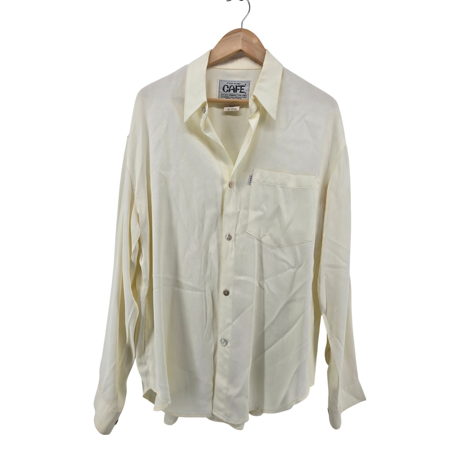 Cafe Button Down Shirt Mens L Cream Vintage 80s Rayon Acetate Blend USA Made
