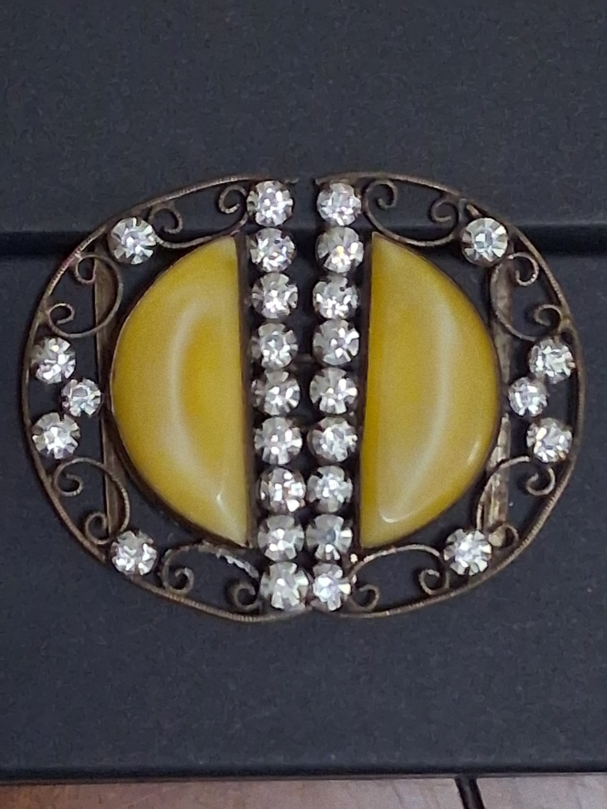 Antique Czechoslovakia belt buckle, yellow bohemian glass & crystals, filigree