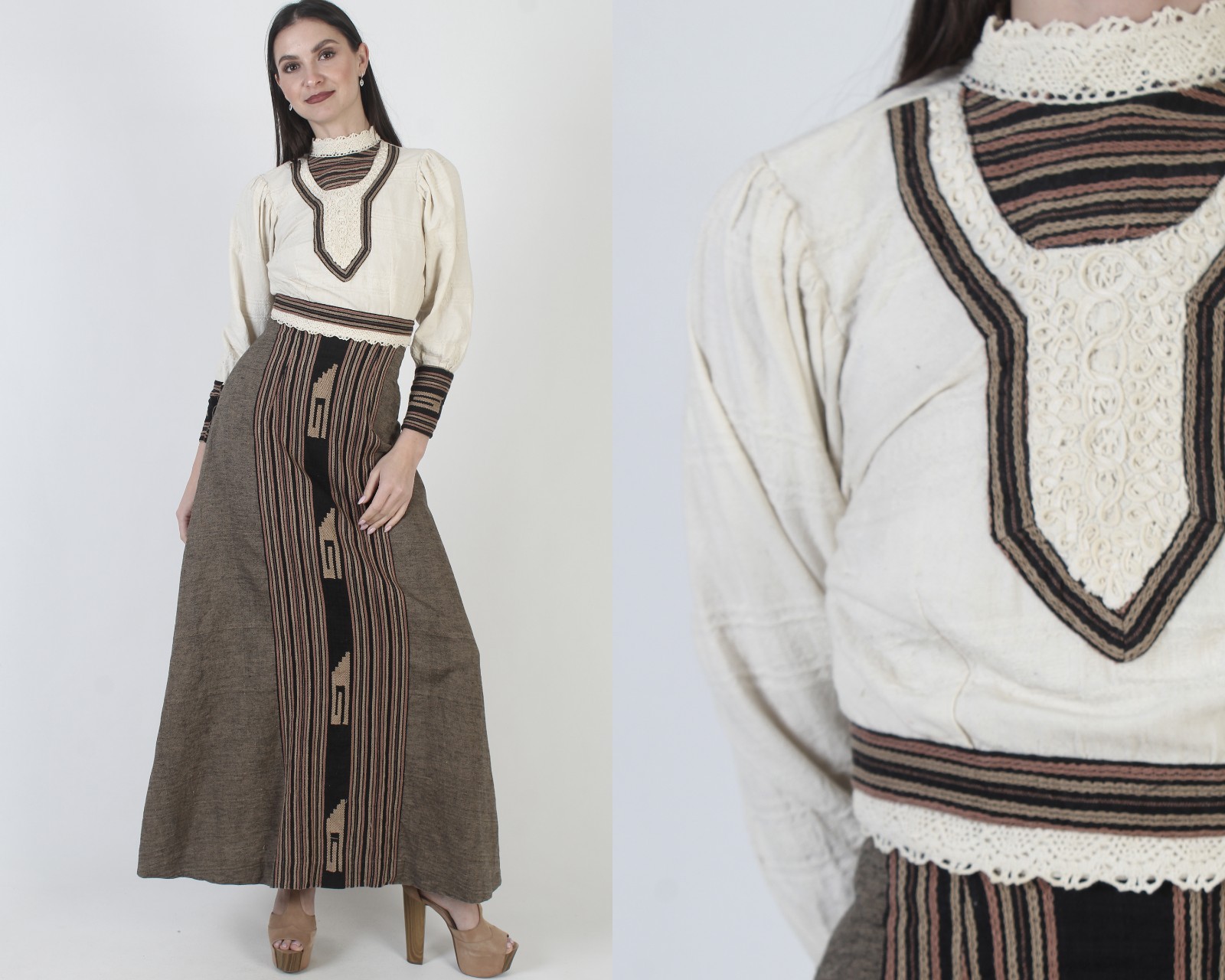 Vtg Girasol Brand Dress 70s Mexican Batik Ethnic Folklorico Striped Wedding Gown