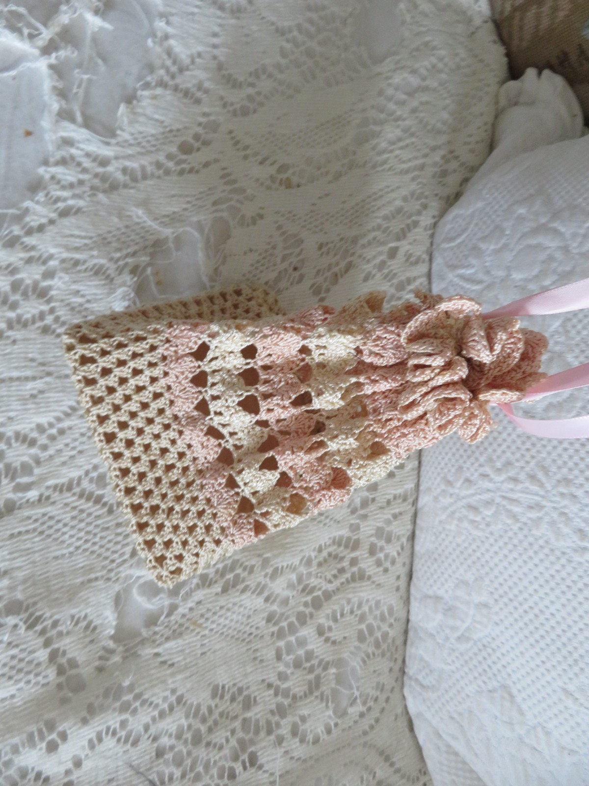 2 Vintage Crochet Purses 1 w peacock Celluloid Handle 1Baby Pink Victorian Purse