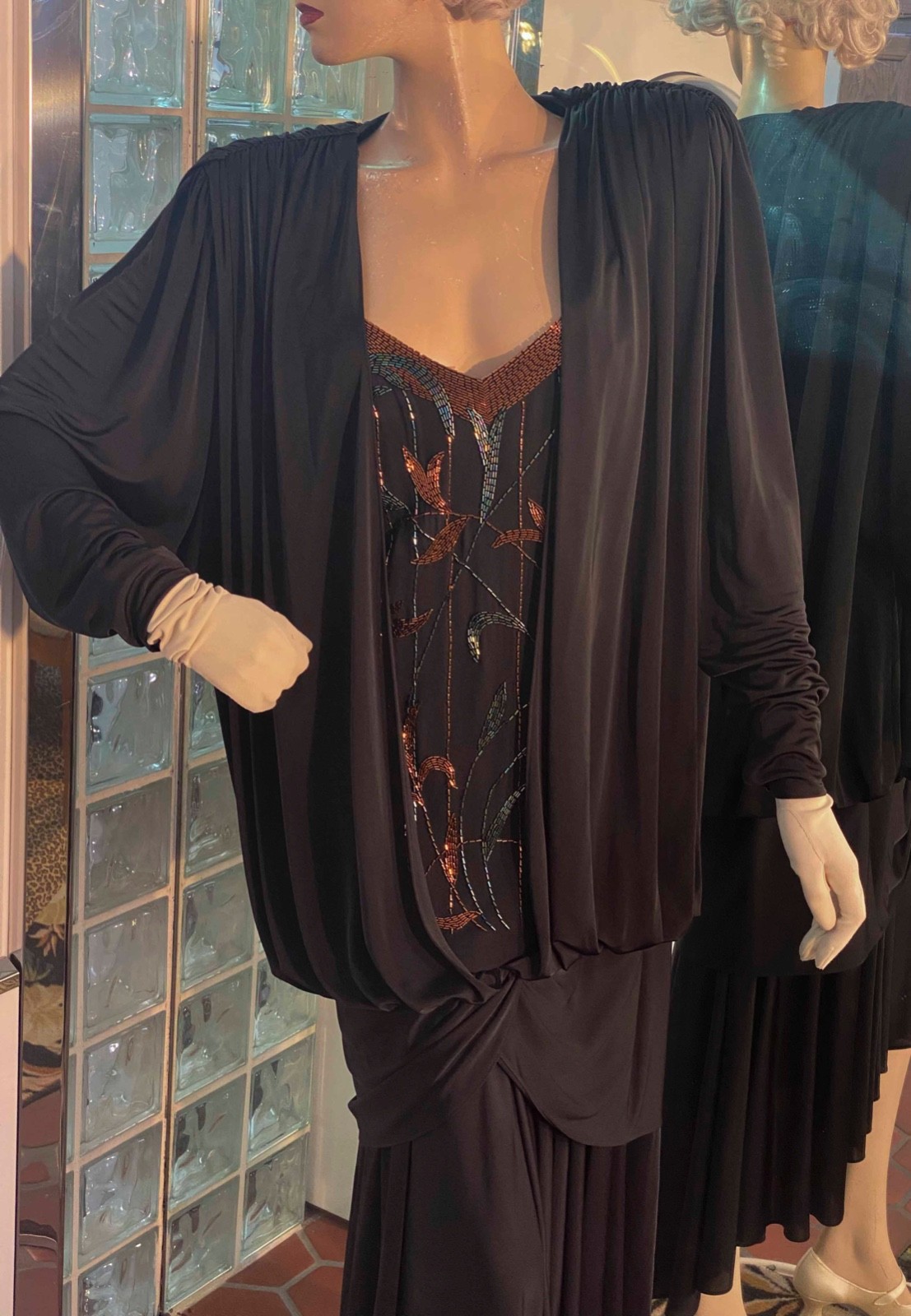 Black Art Deco Dress Beaded Drop Waist Draped Gatsby Flapper L VTG 80s Casadei