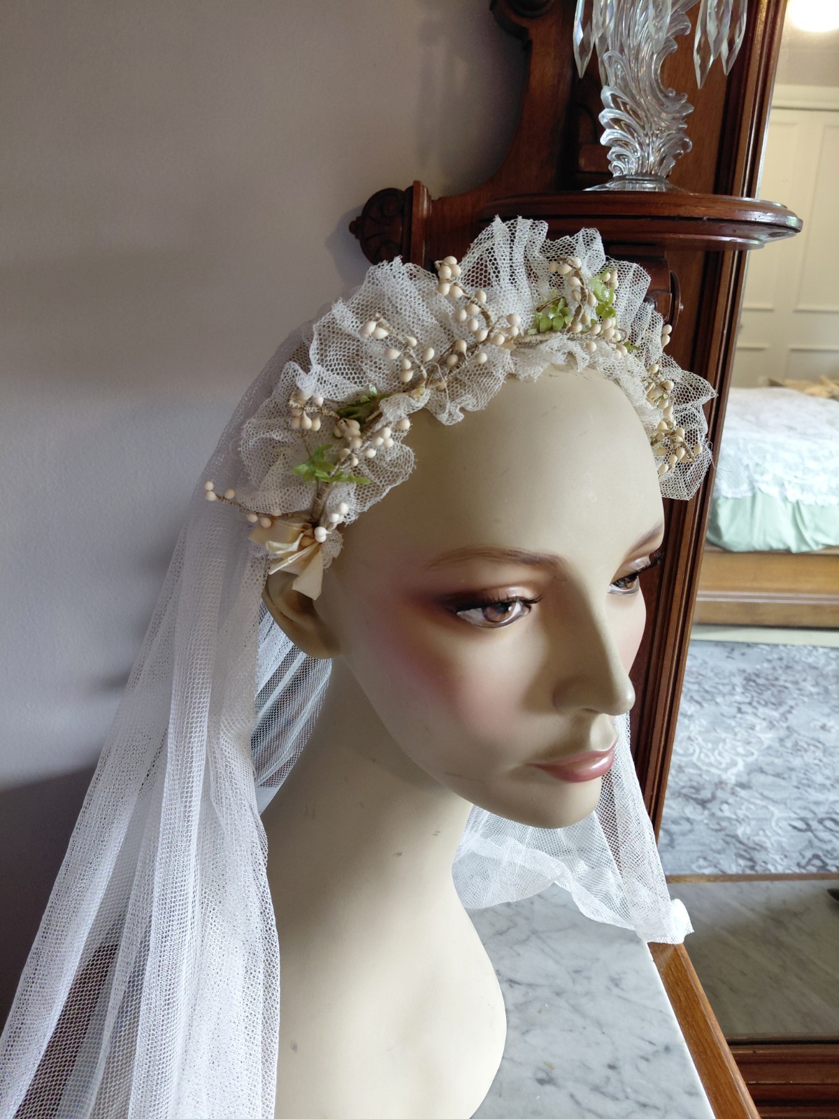 Antique Vintage 1920’s Wedding Bridal Veil Wax Orange Blossom Buds Peach Ribbons