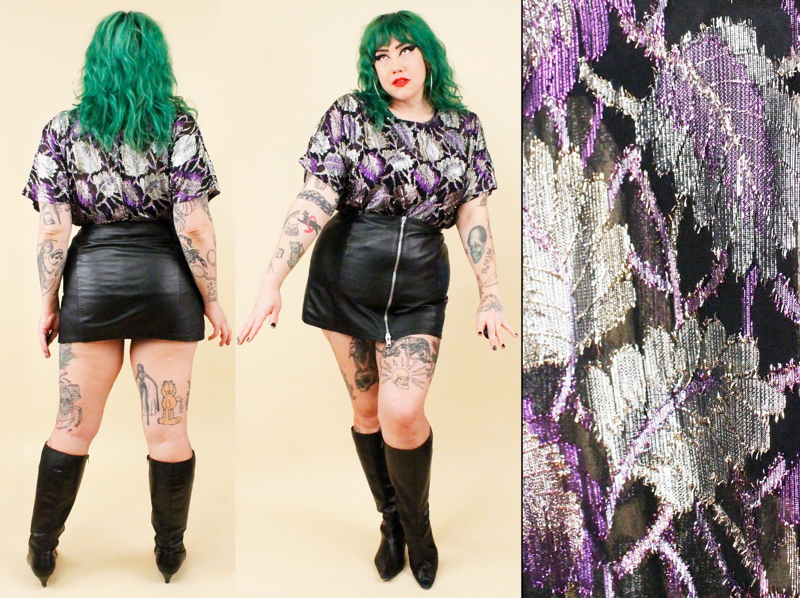 70s 80s Vtg Lurex Metallic Purple Black Silver Disco Blouse Boxy Shirt L XL B44