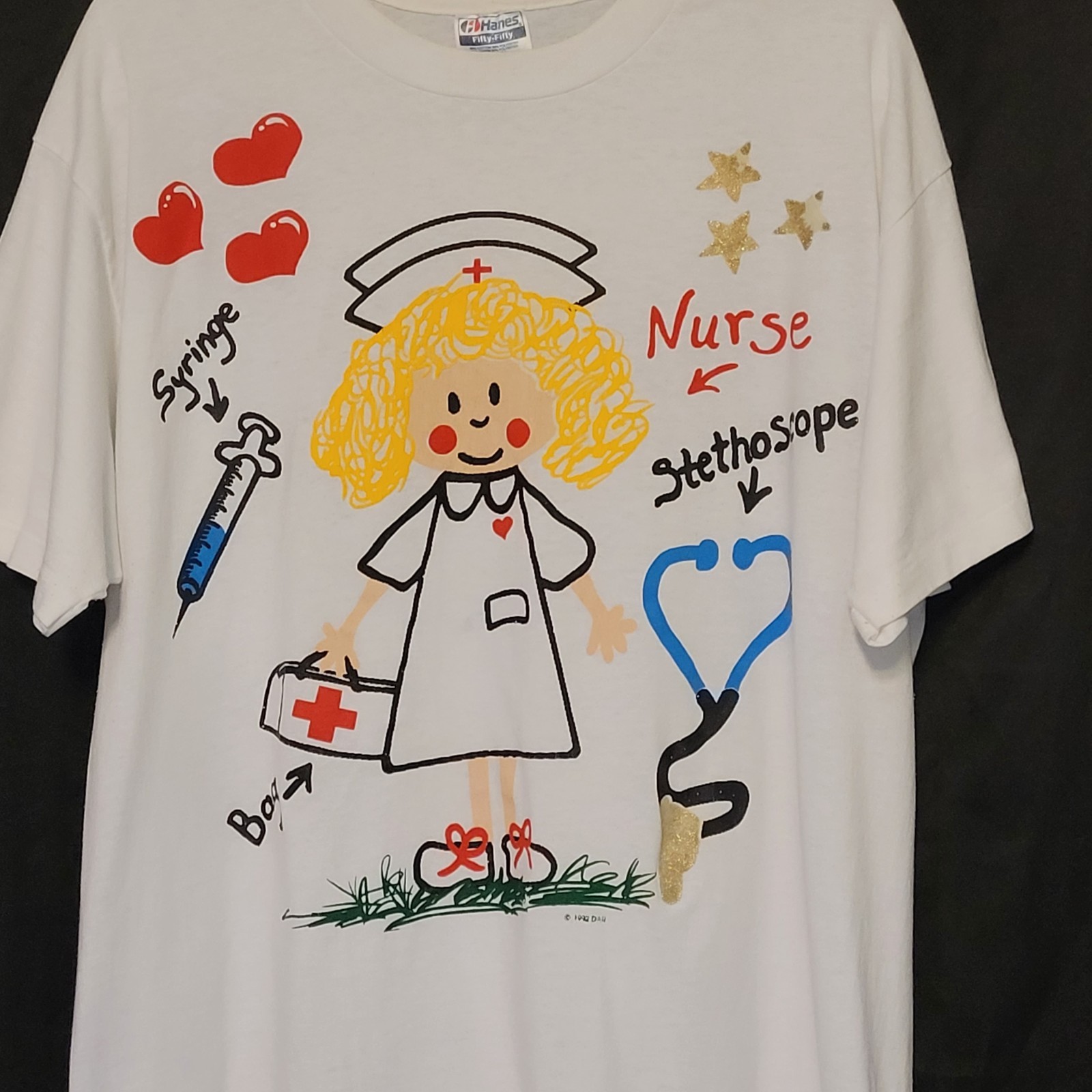 VTG 1992 Nurse Painted Graphic Retro Single Stitch Short Sleeve T Shirt Adult XL